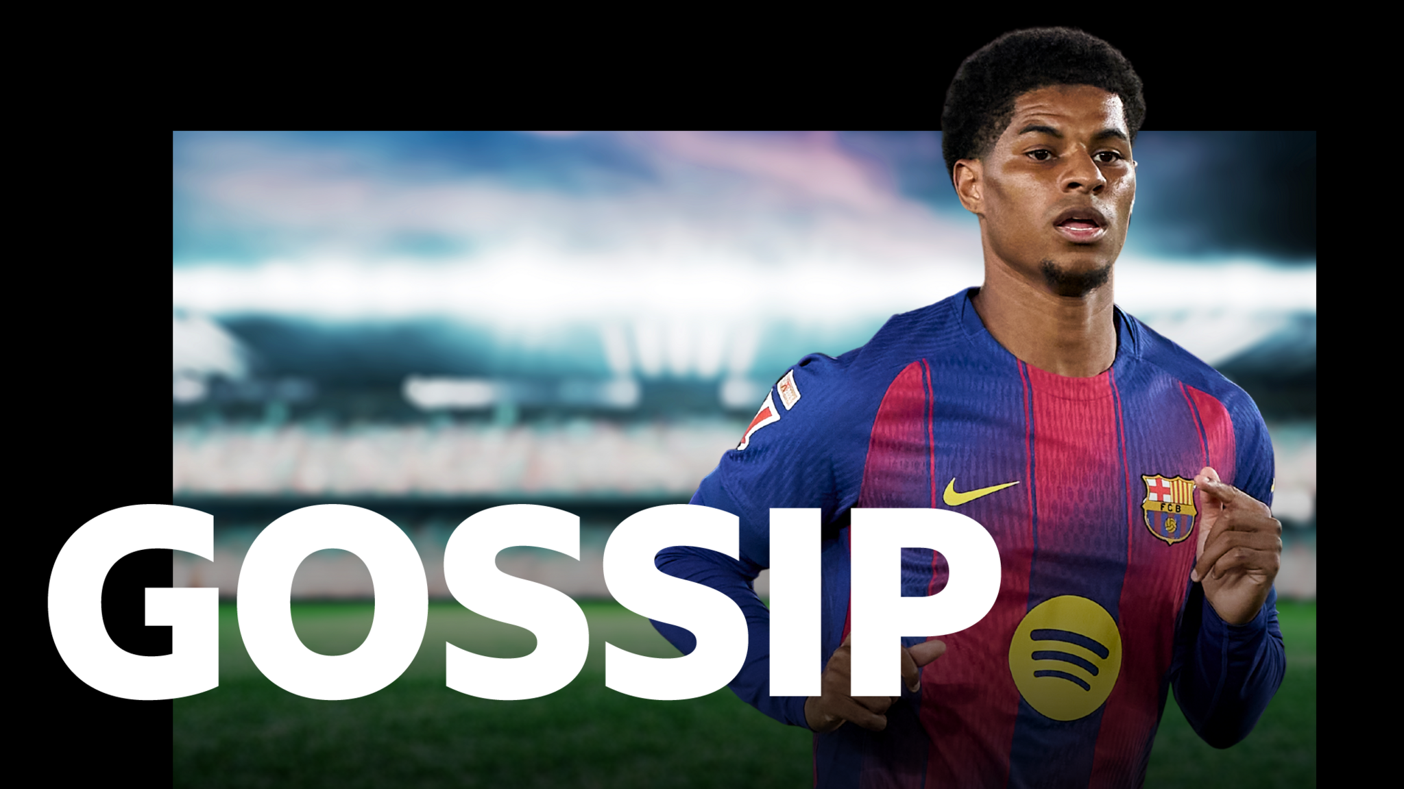 Marcus Rashford behind a gossip graphic