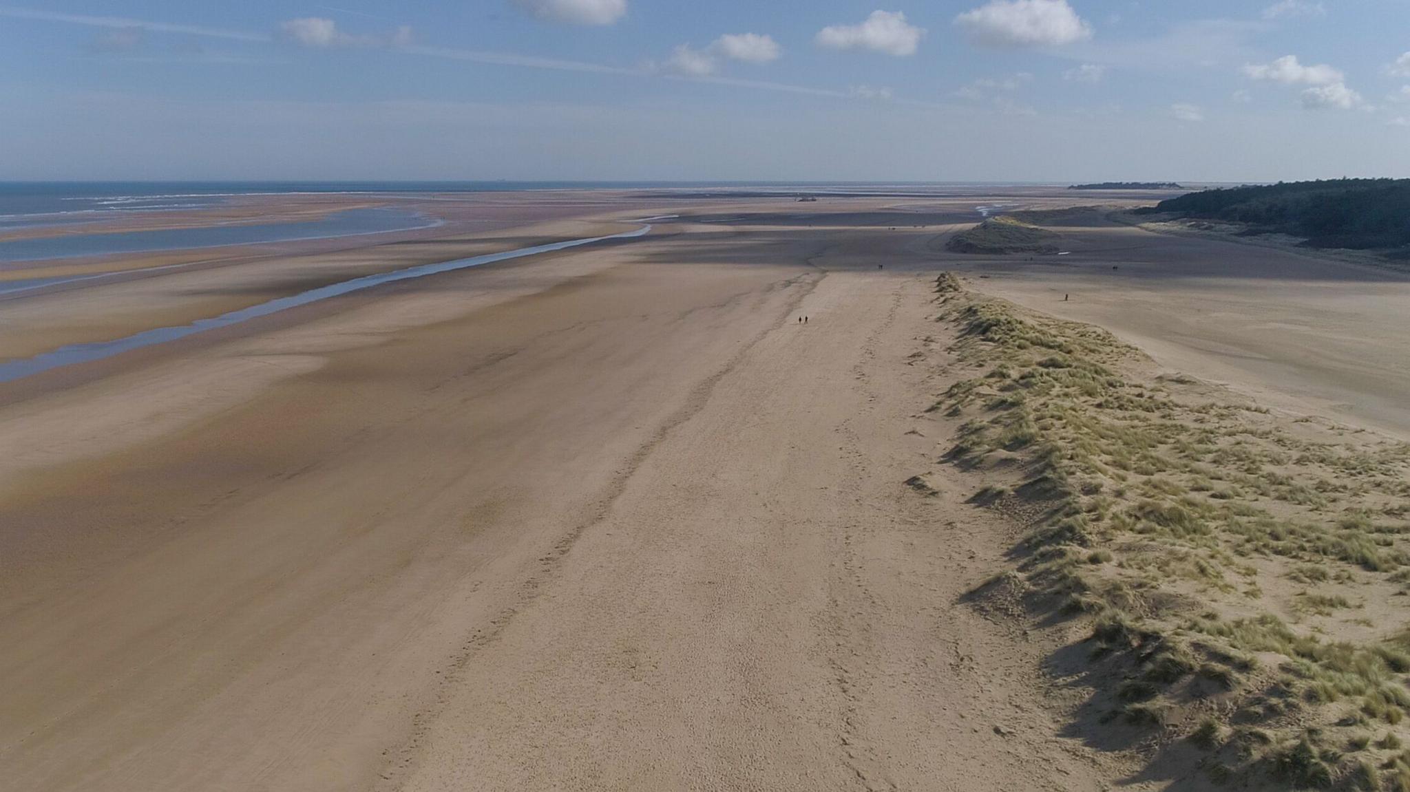 Drone shot of a wide-open beach with an expanse of sand, low sand dunes and pine woods. The sea is blue, as is the sky, and there are fluffy white clouds.