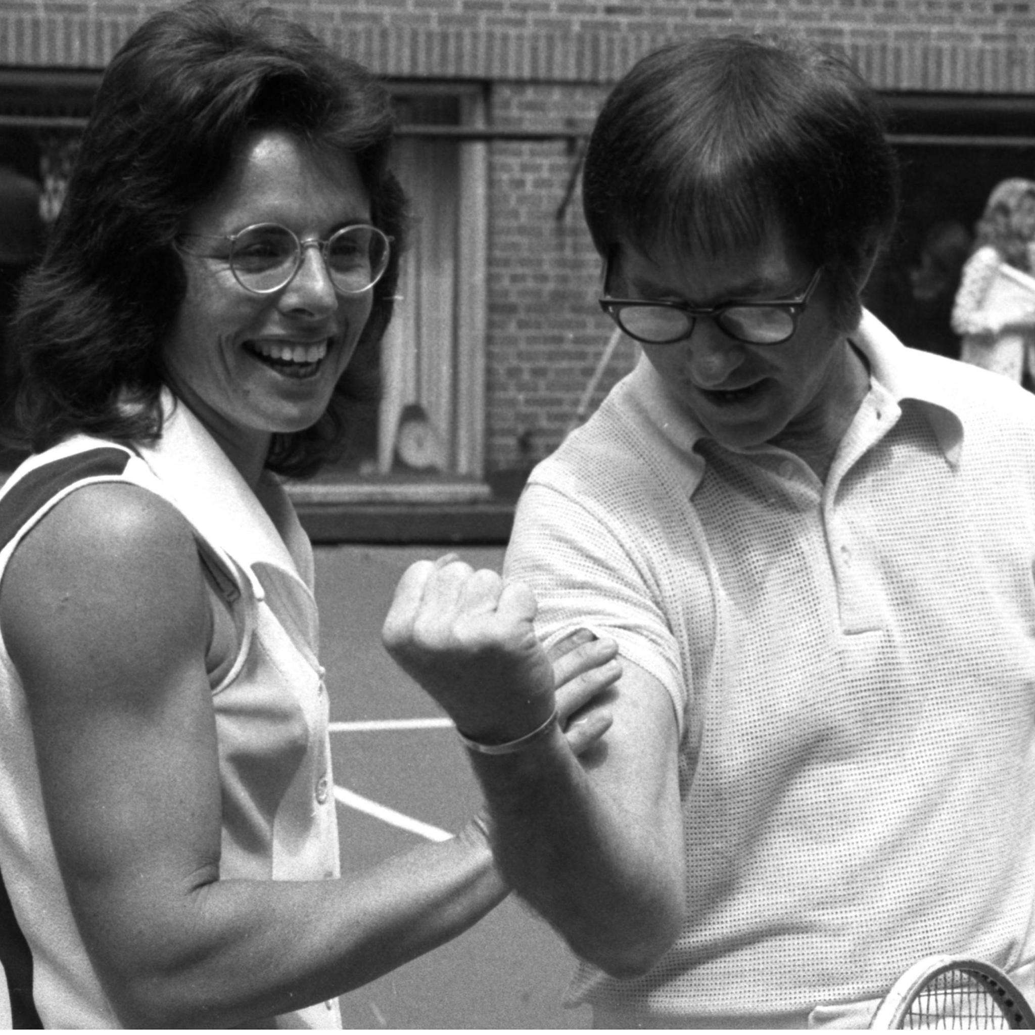 Billie Jean King and Bobby Riggs at a media session before the Battle of the Sexes on 20 September 1973