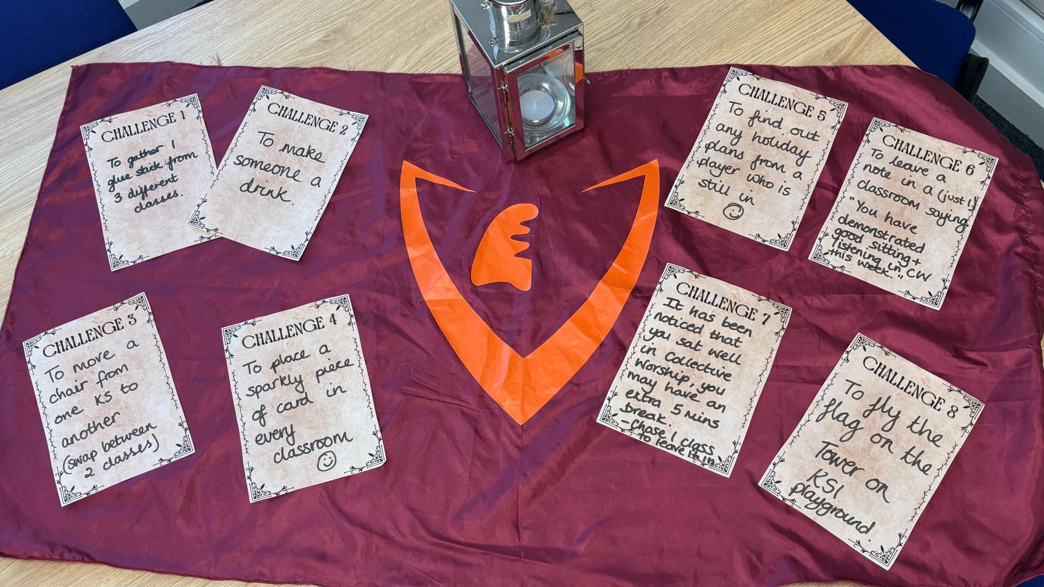 The red flag with an orange logo. Laid on top are eight sheets of paper with challenges written on. 