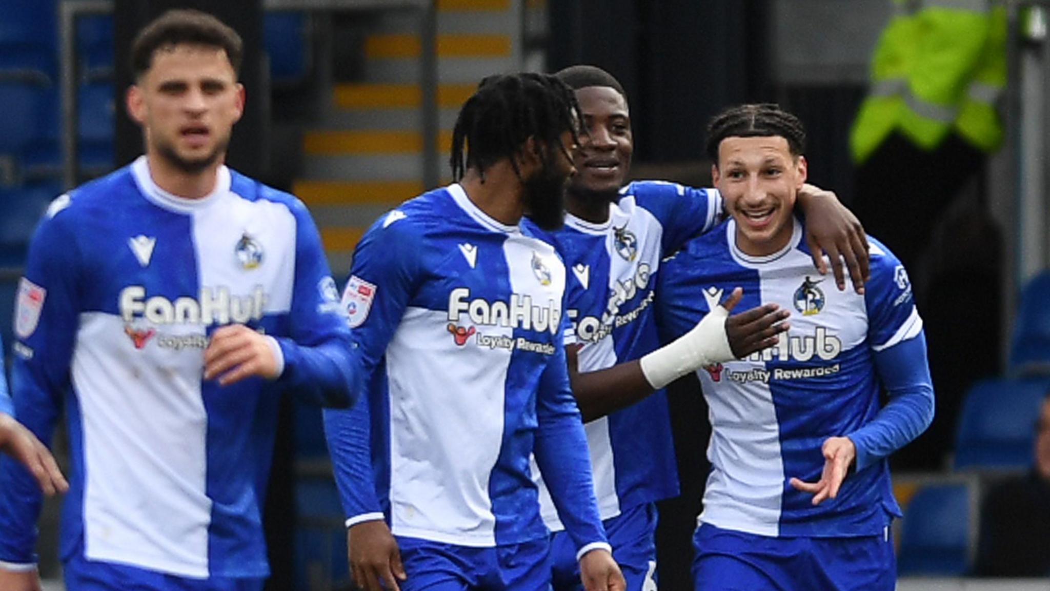 Yusuf Akhamrich (right) of Bristol Rovers celebrates scoring a goal with team mates