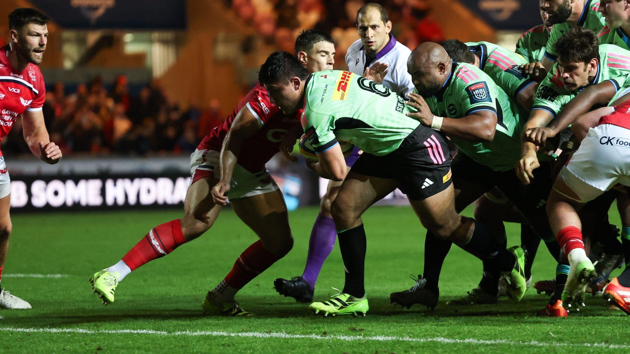 Paul de Villiers of Stormers bursts through to score a try at Scarlets