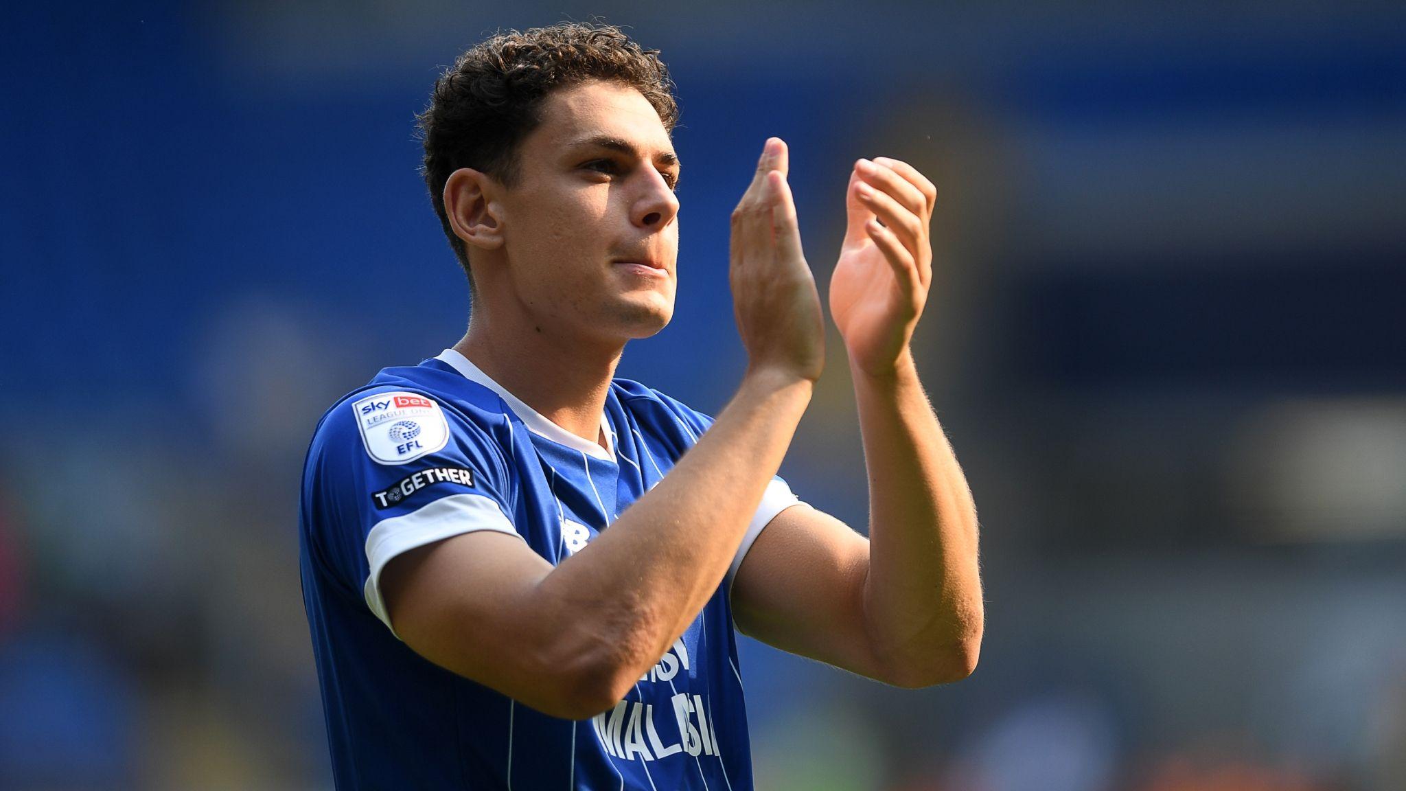 Cardiff City's Yousef Salech applauding fans at full time against Rotherham