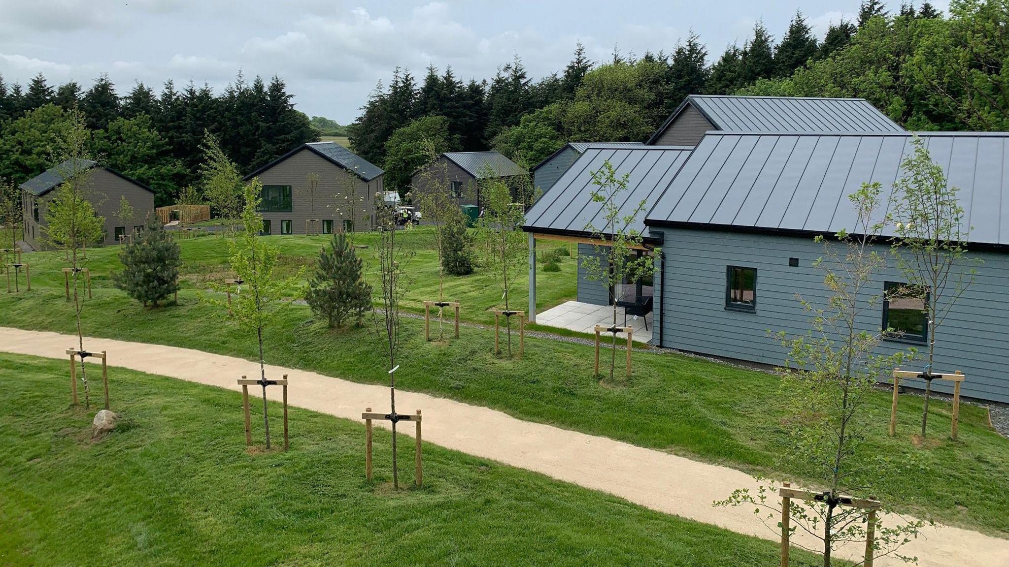Bluestone Holiday Resort. A path is in the middle of the pic with grass verges to either side and little blue cabins.