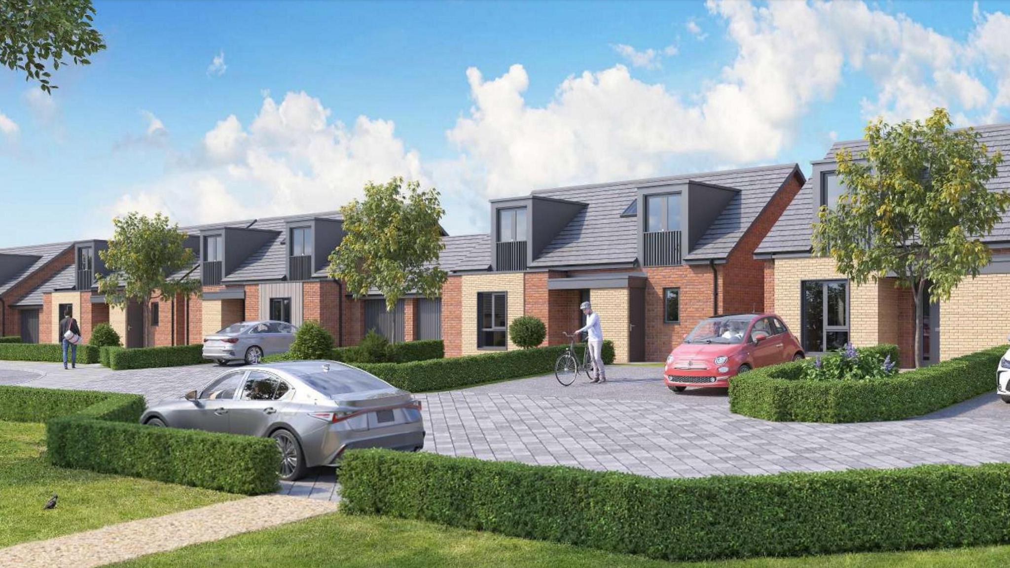 A CGI image of how the new estate would look. It shows a row of brown-brick bungalows with grey roofs and high front windows. There are hedges and parked cars outside.