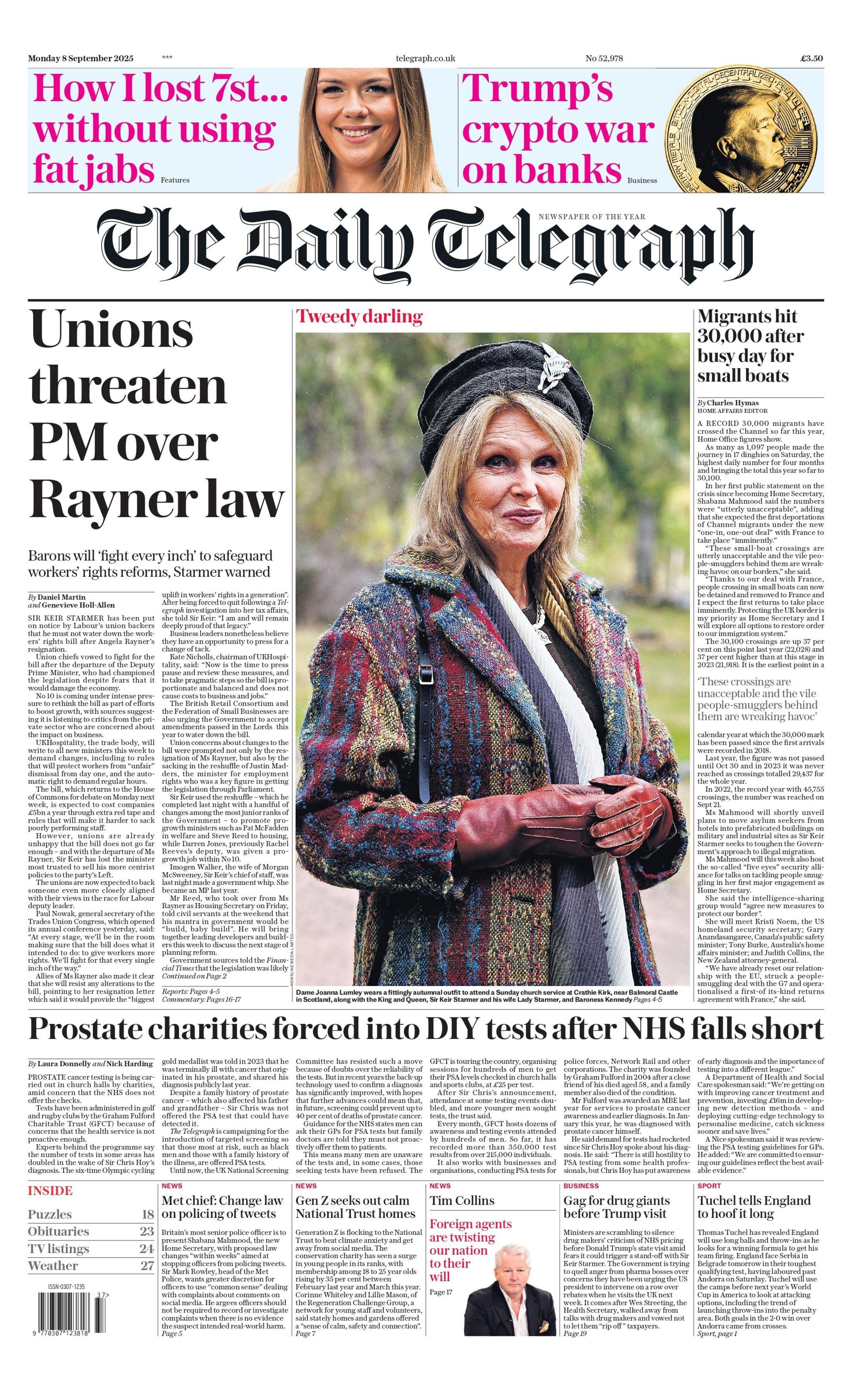 The headline on the front page of the Telegraph reads: "Unions threaten PM over Rayner law".