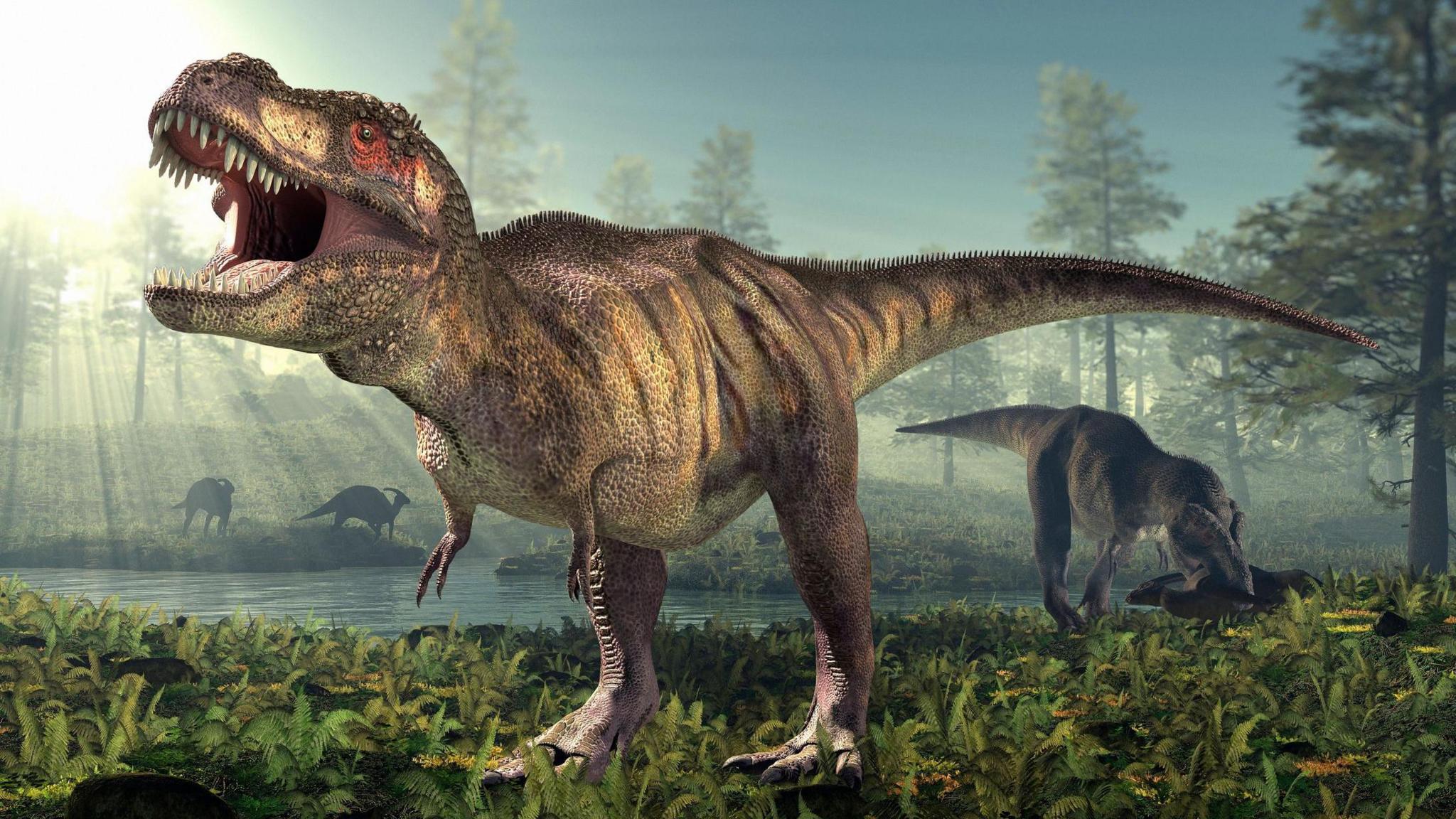 t.rex roaring in a field