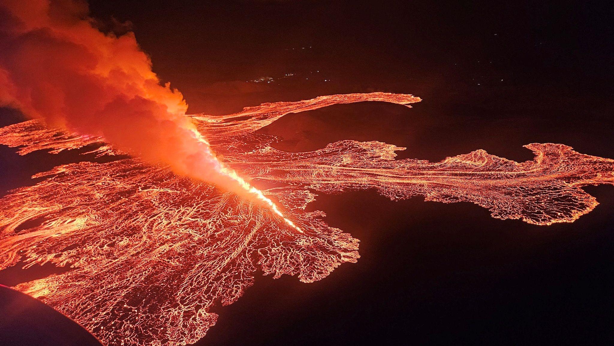 Lava spurts and flows after the eruption of a volcano in the Reykjanes Peninsula near Grindavik, Iceland