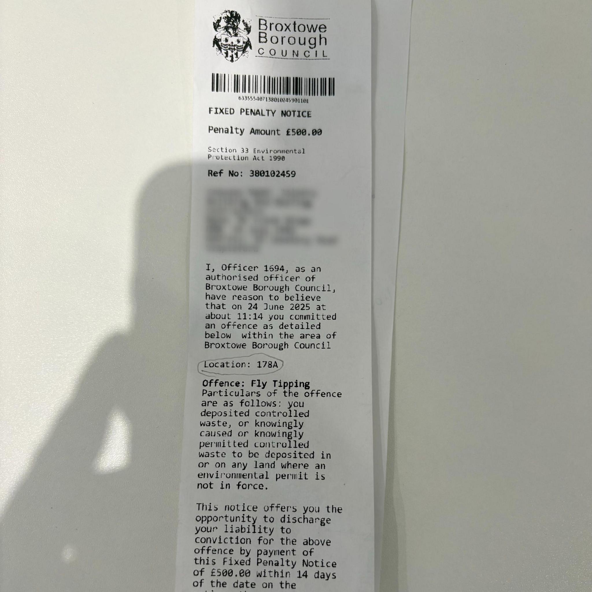 A copy of the fixed penalty notice issued to Frank Brown
