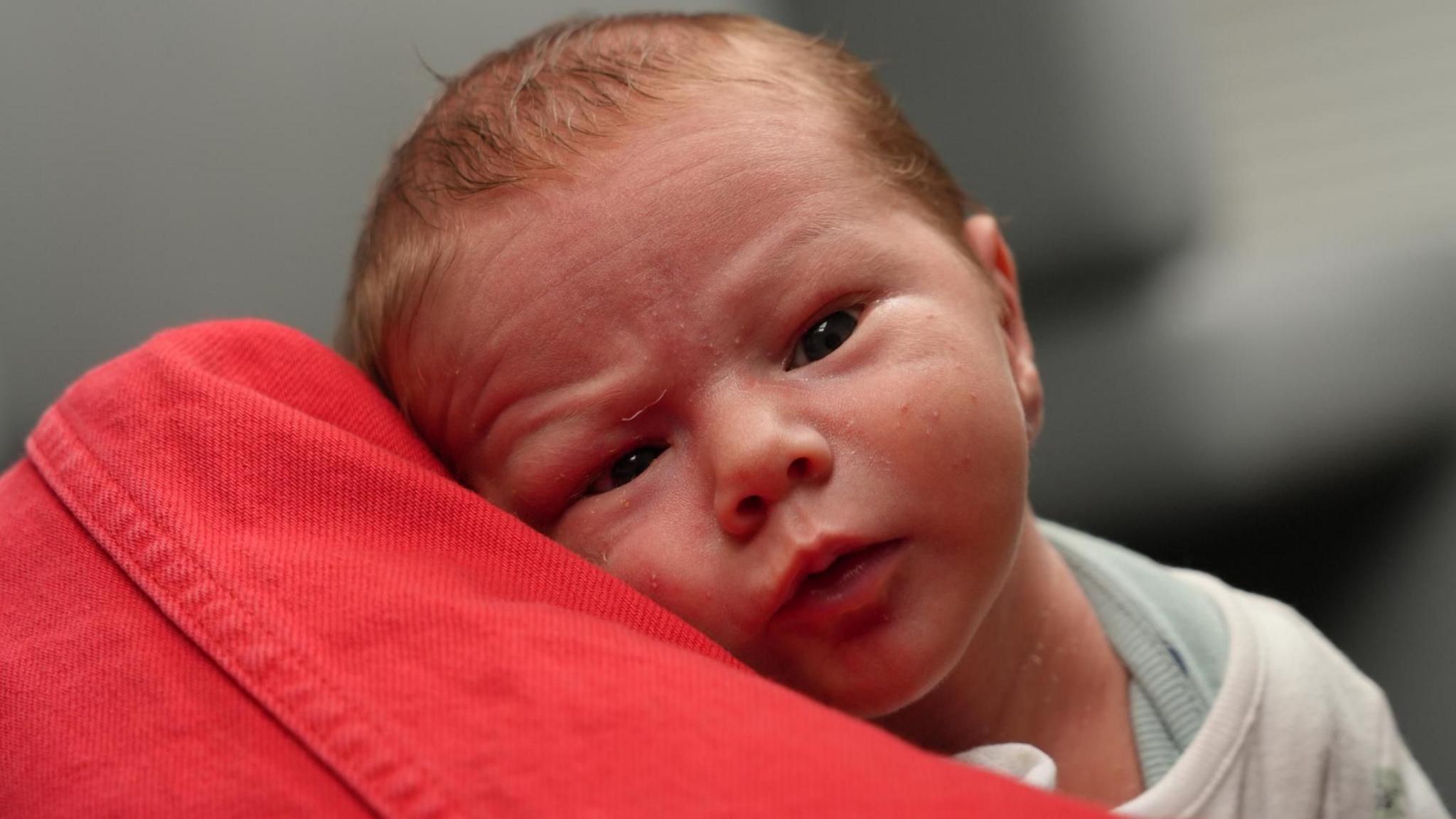 Baby Henry wide awake looking directly at the camera. He is resting on the arm of his grandmother who is wearing a red denim jacket. You can only see her arm. Henry is wearing a vest and a cream bodysuit. He has a tiny wrinkled forehead and is looking intruiged