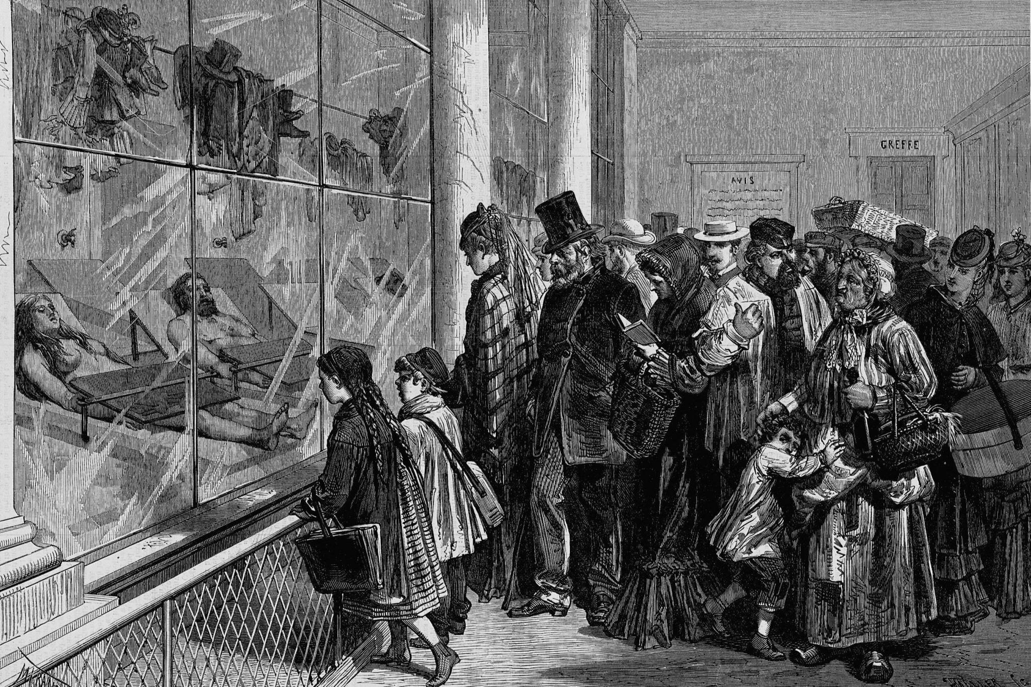 An illustration showing people gathered at window with bodies on slabs behind the glass.