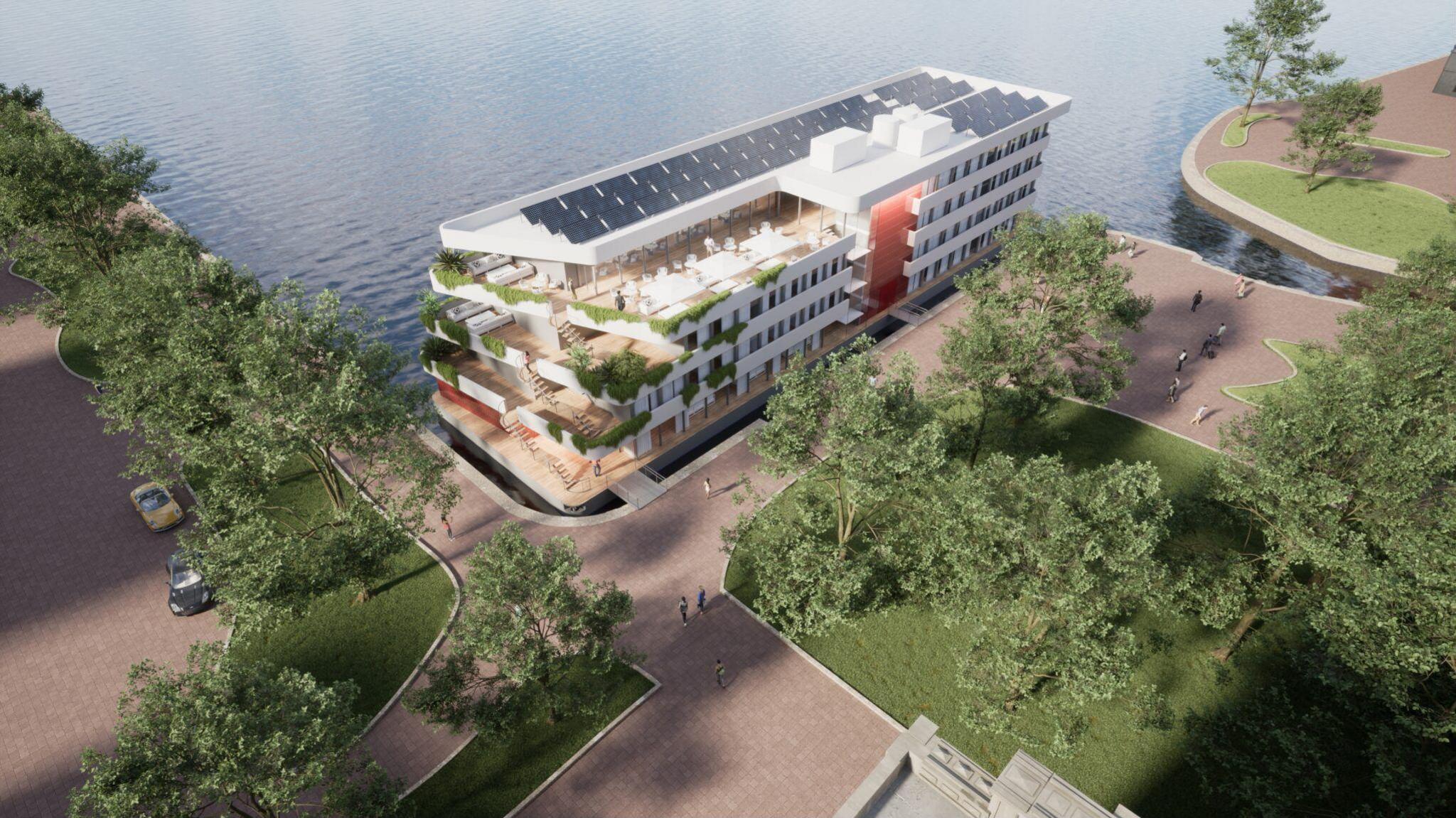 A artist's impression of the floating hotel shows it moored to the end of Roath Basin near Britannia Park, which has trees, grass and paths along the quay. The hotel itself looked like a cruise ship, with just a flat bow and stern. It is white, four-storeys tall and has a terrace and solar panels on the roof.