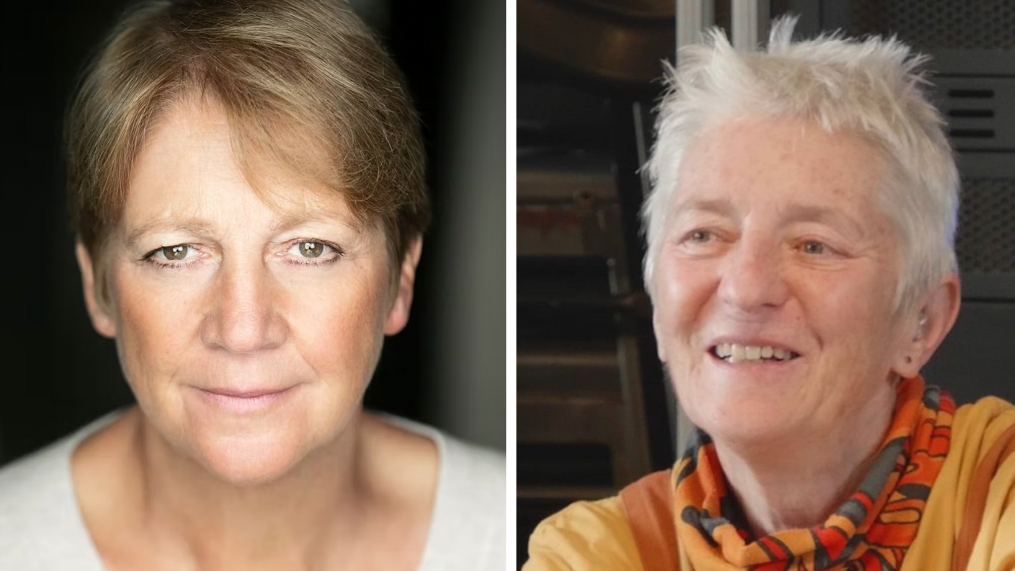 Side-by-side portraits of two individuals. On the left, a person with short light brown hair looks directly at the camera against a dark background. On the right, a person with short white hair smiles while looking slightly away from the camera, wearing an orange top and a colourful scarf, with an indoor setting and equipment in the background.