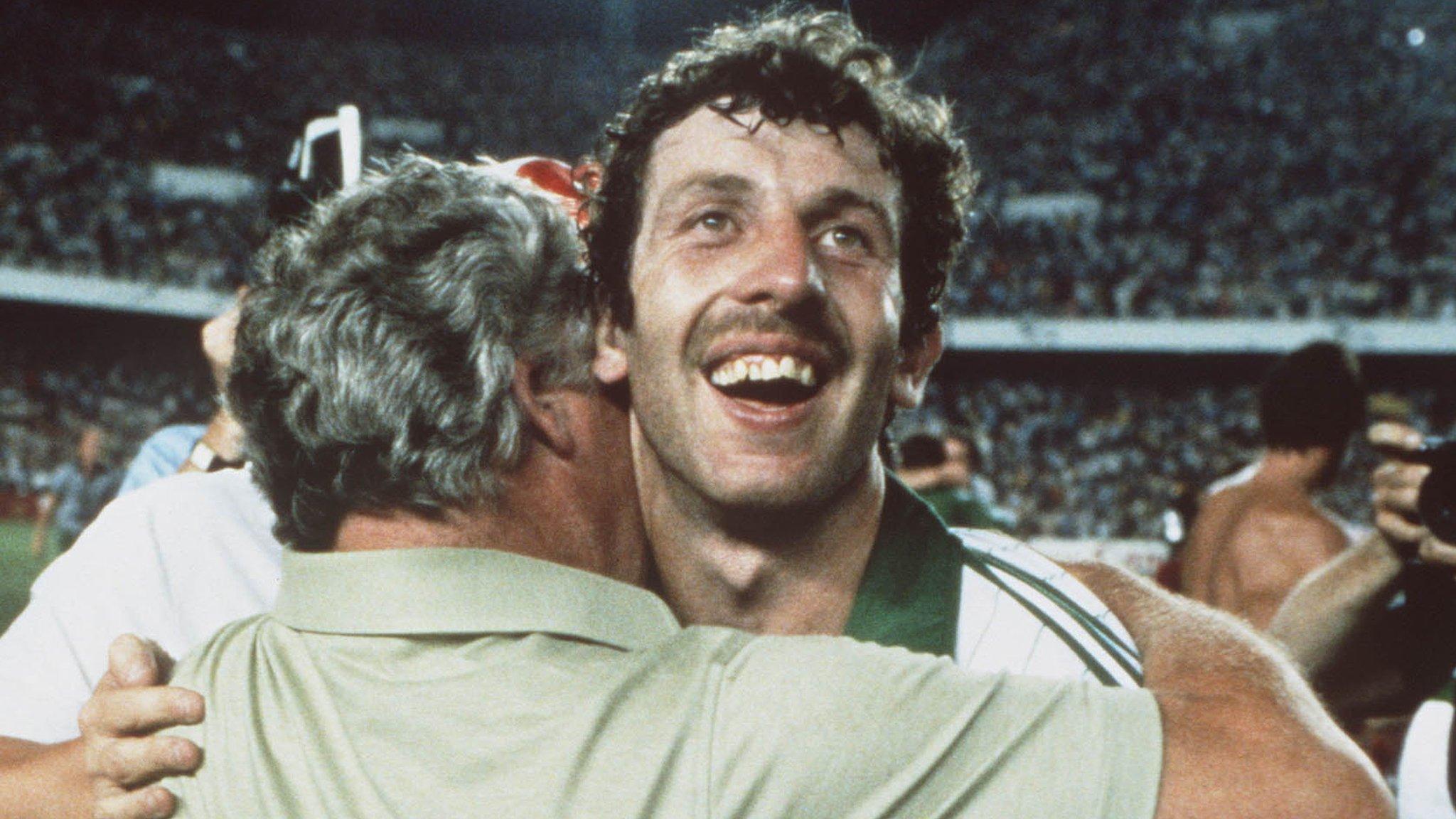 Gerry Armstrong embraces then Northern Ireland manager Billy Bingham after the victory over hosts Spain at the 1982 World Cup