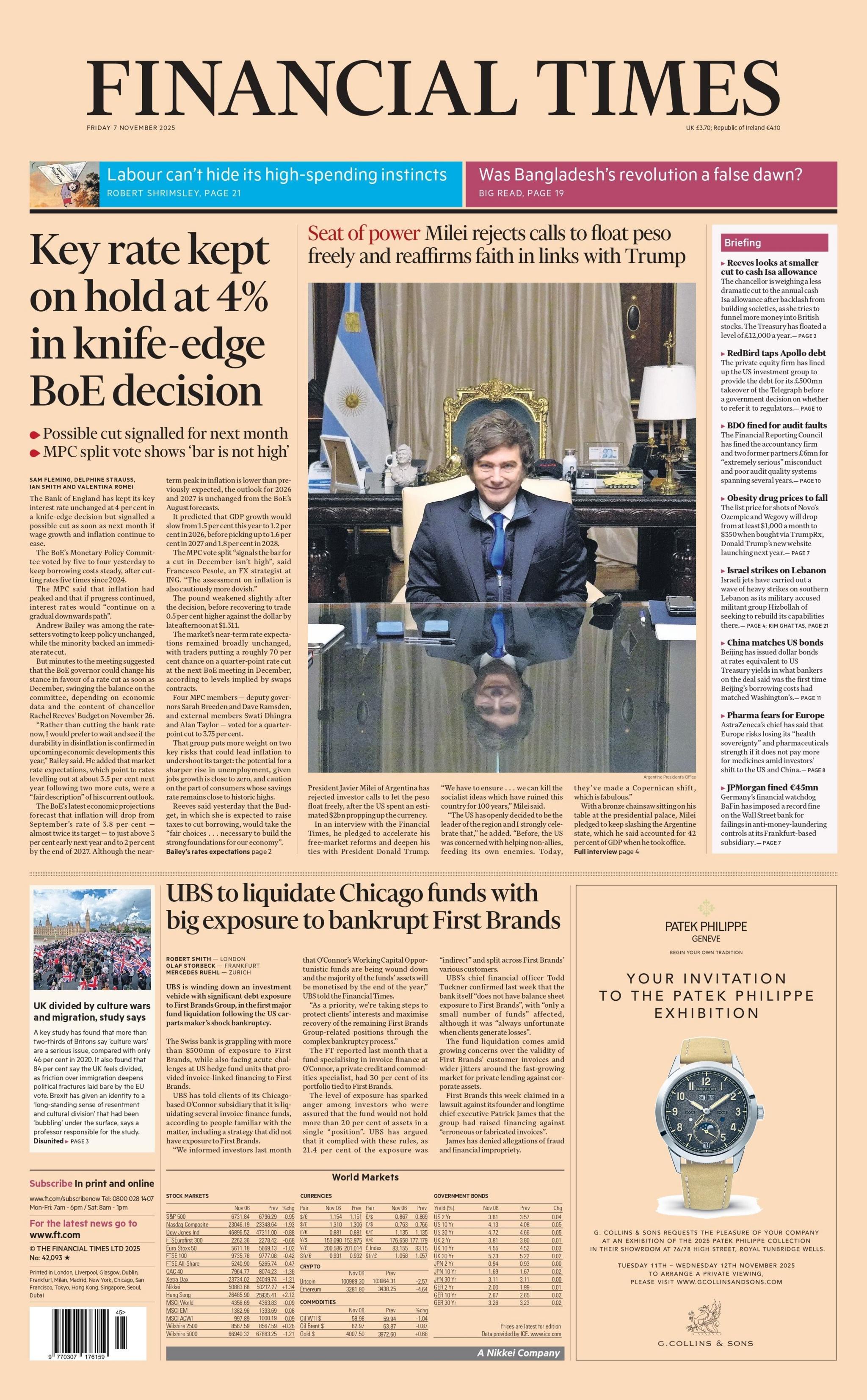 "Key rate kept on hold at 4% in knife-edge BoE (Bank of England) decision," reads the headline on the front page of the Financial Times