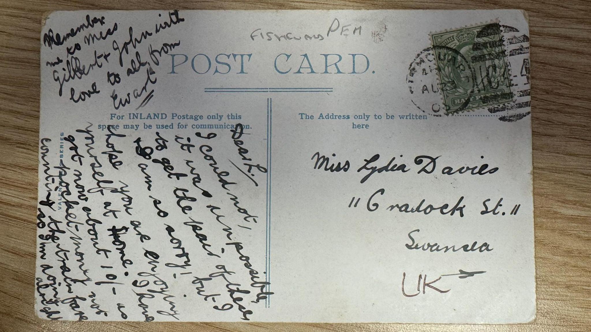 Photo of the postcard with writing from the sender - addressed to Miss Lydia Davies
