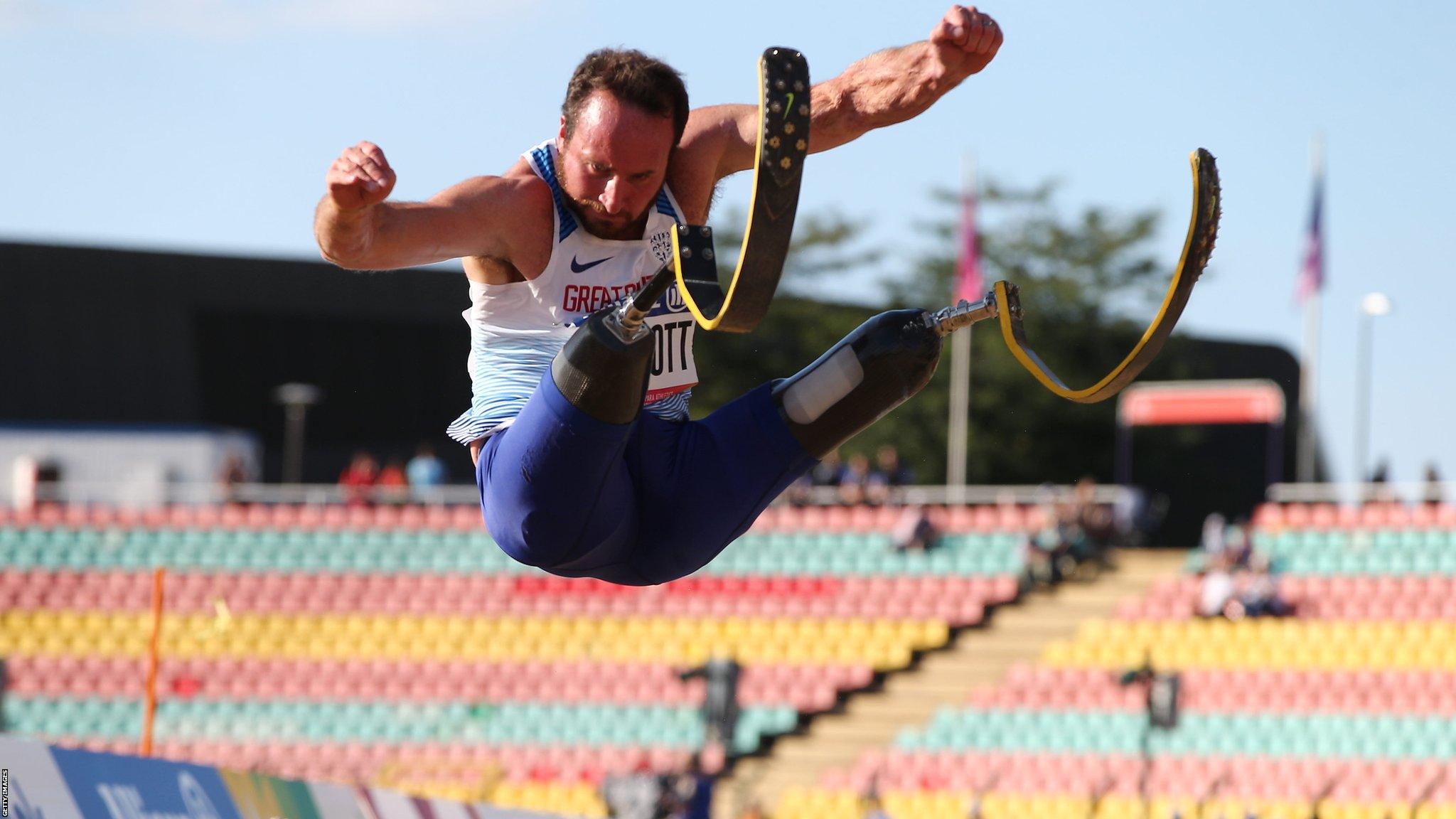 Luke Sinnott of Great Britain competing in men´s long jump T63 during the Berlin 2018 World Para Athletics European Championships at Friedrich-Ludwig-Jahn-Sportpark on August 21, 2018 in Berlin, Germany.