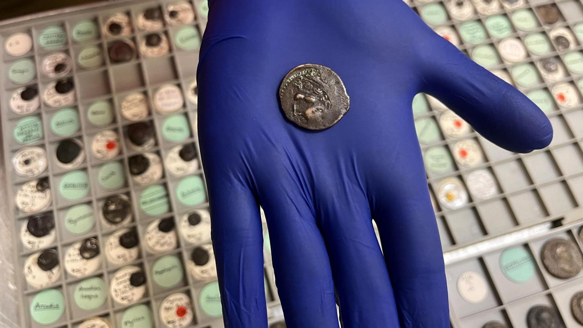 An outstretched hand with a blue latex glove holding a small bronze coin in the palm. 