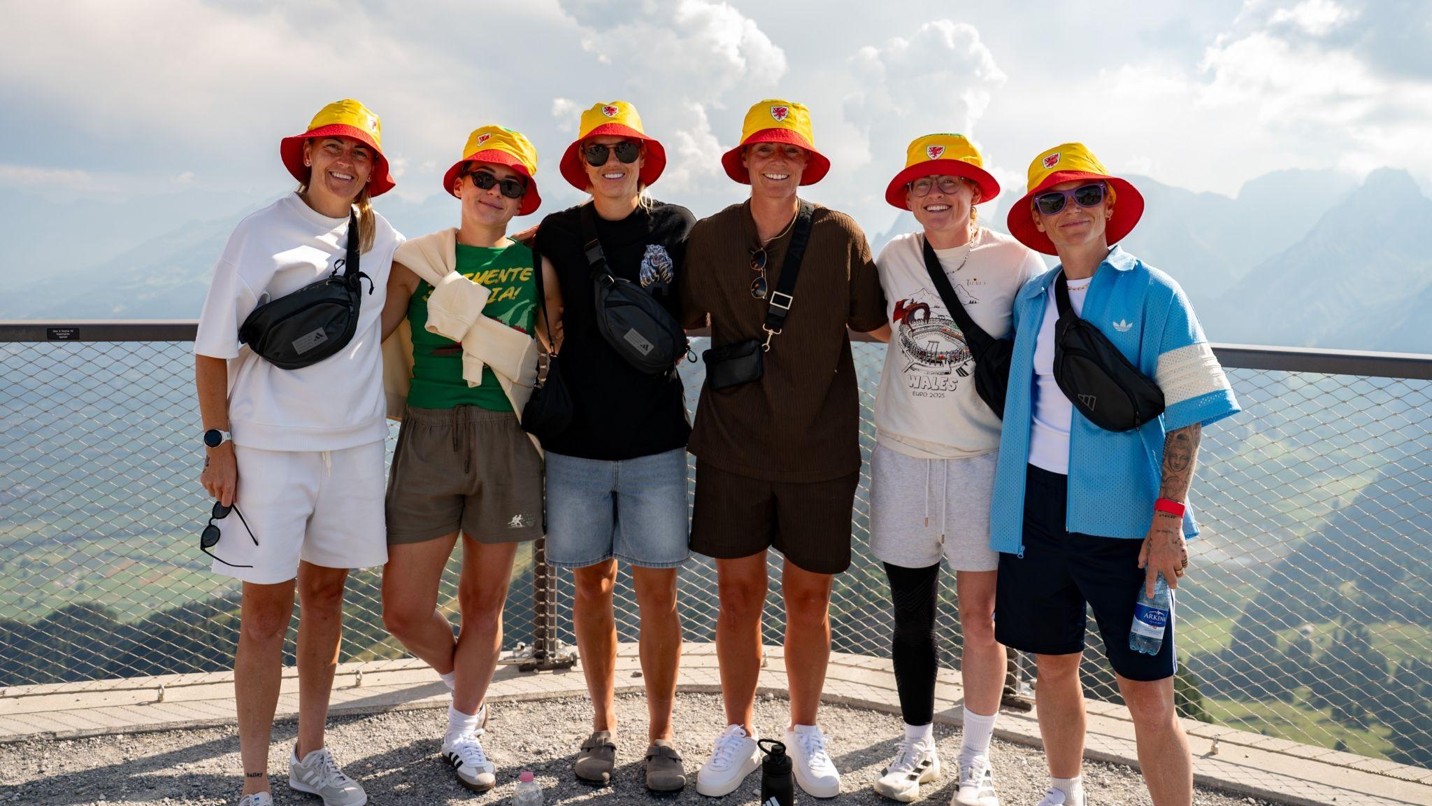 Wales' Kayleigh Barton, Angharad James, Gemma Evans, Sophie Ingle, Rachel Rowe and Jess Fishlock during a mountain excursion in Switzerland before Euro 2025