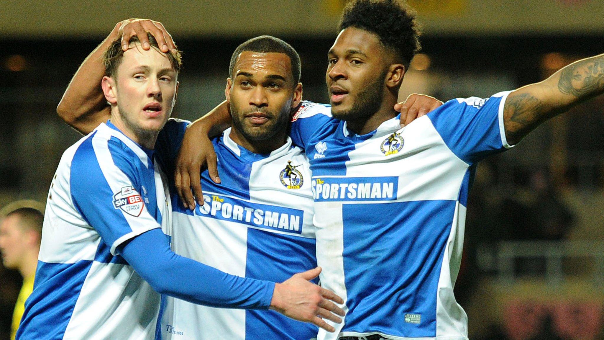 Bristol Rovers celebrate after Ellis Harrison's winning penalty