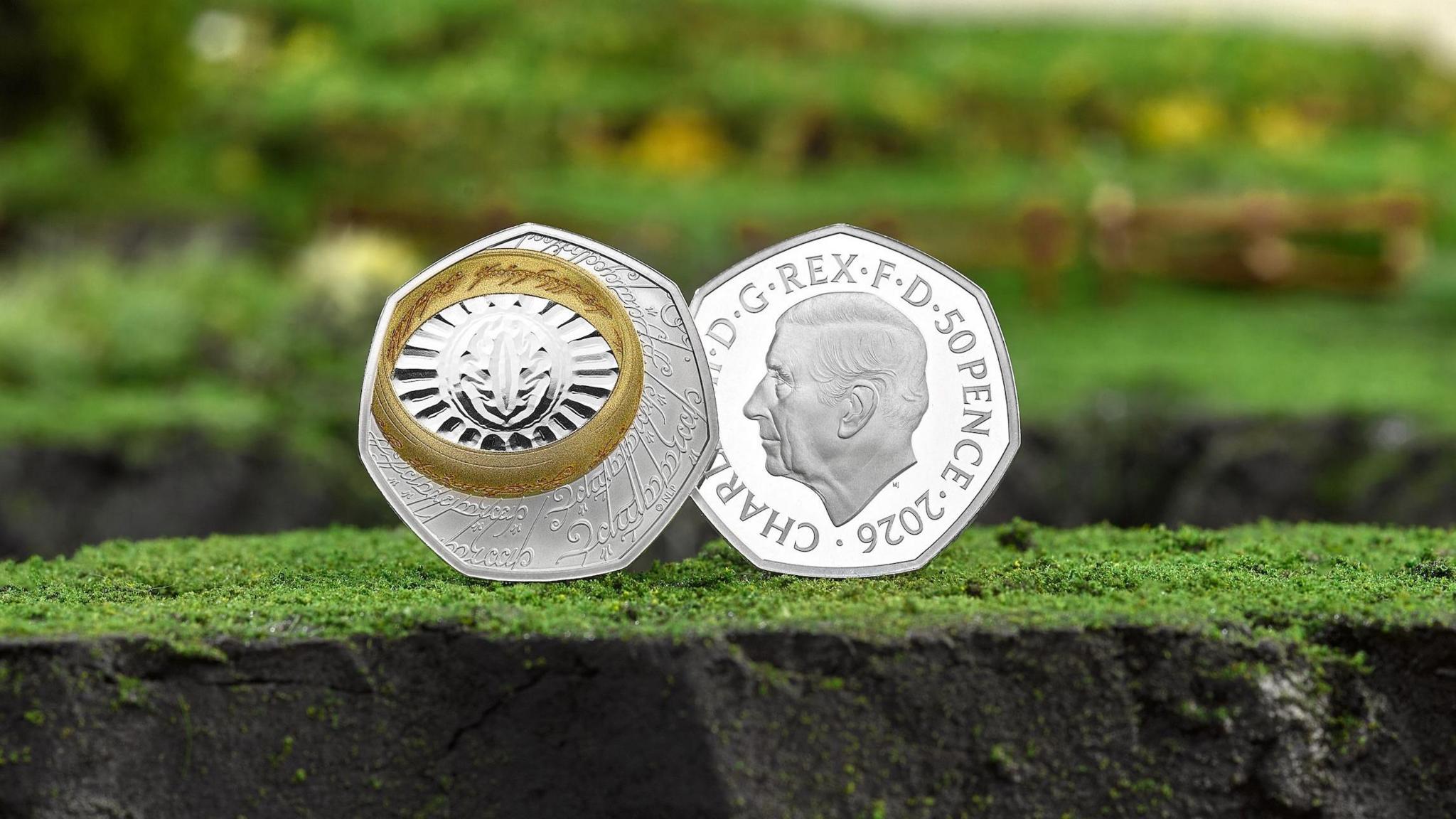 New The Lord of the Rings 50p coin on a green landscape background