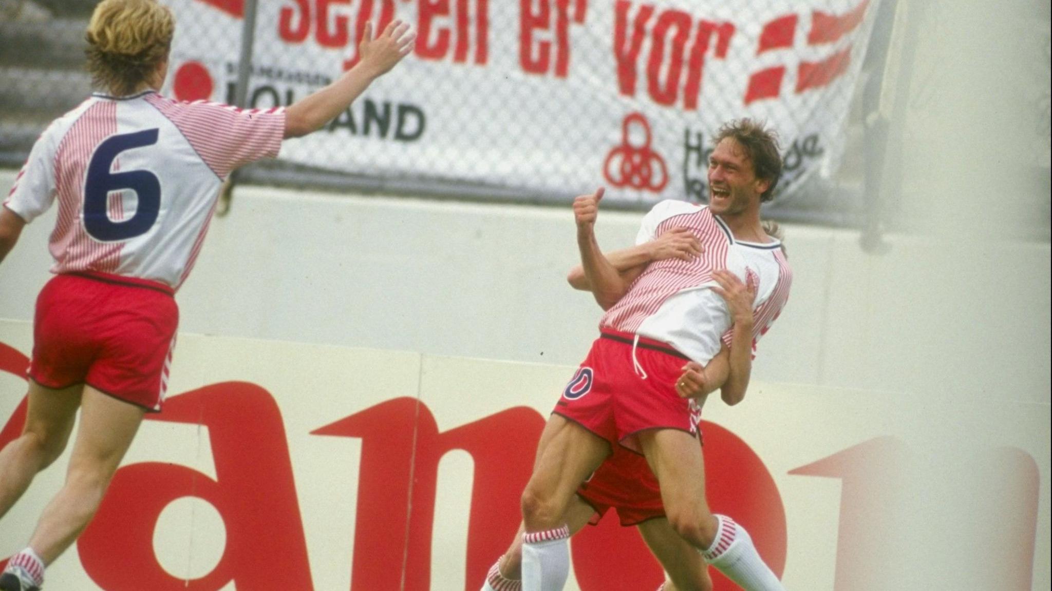 Denmark's Preben Elkjaer celebrates against Scotland