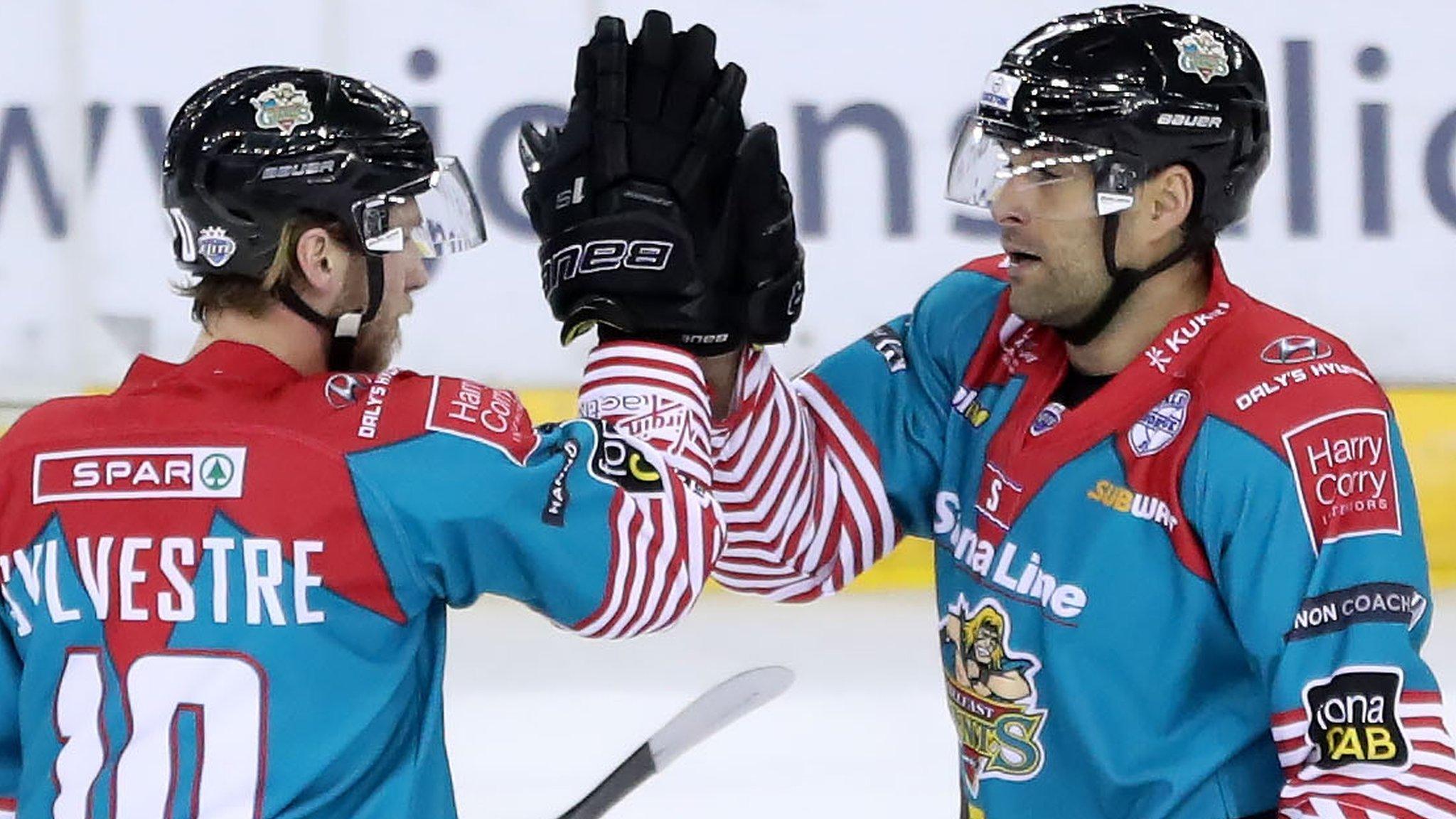 Sebastien Sylvestre celebrates his goal against the Capitals with Jarrett Cole