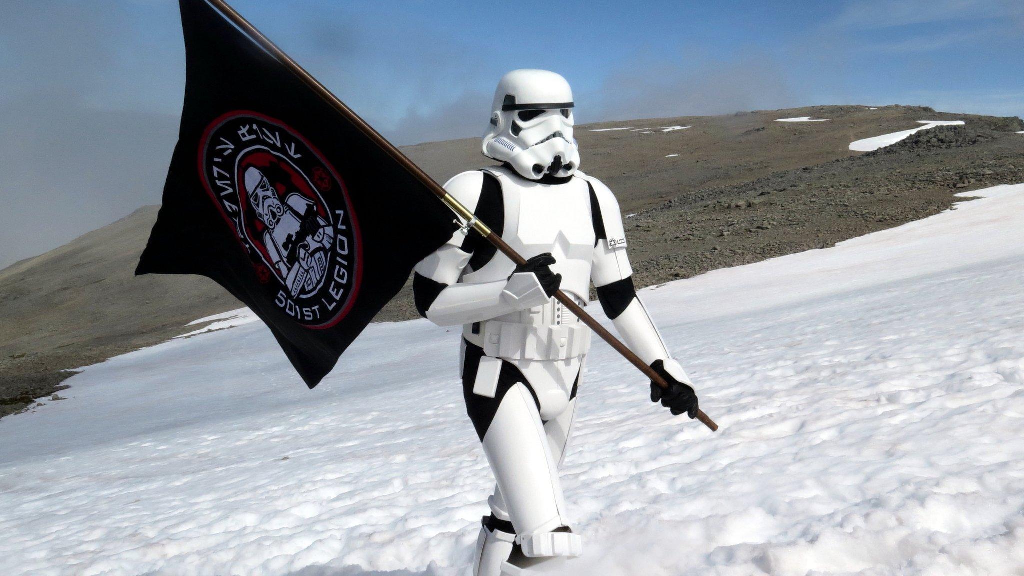 Ashley Broomhall in stormtrooper outift on Ben Nevis