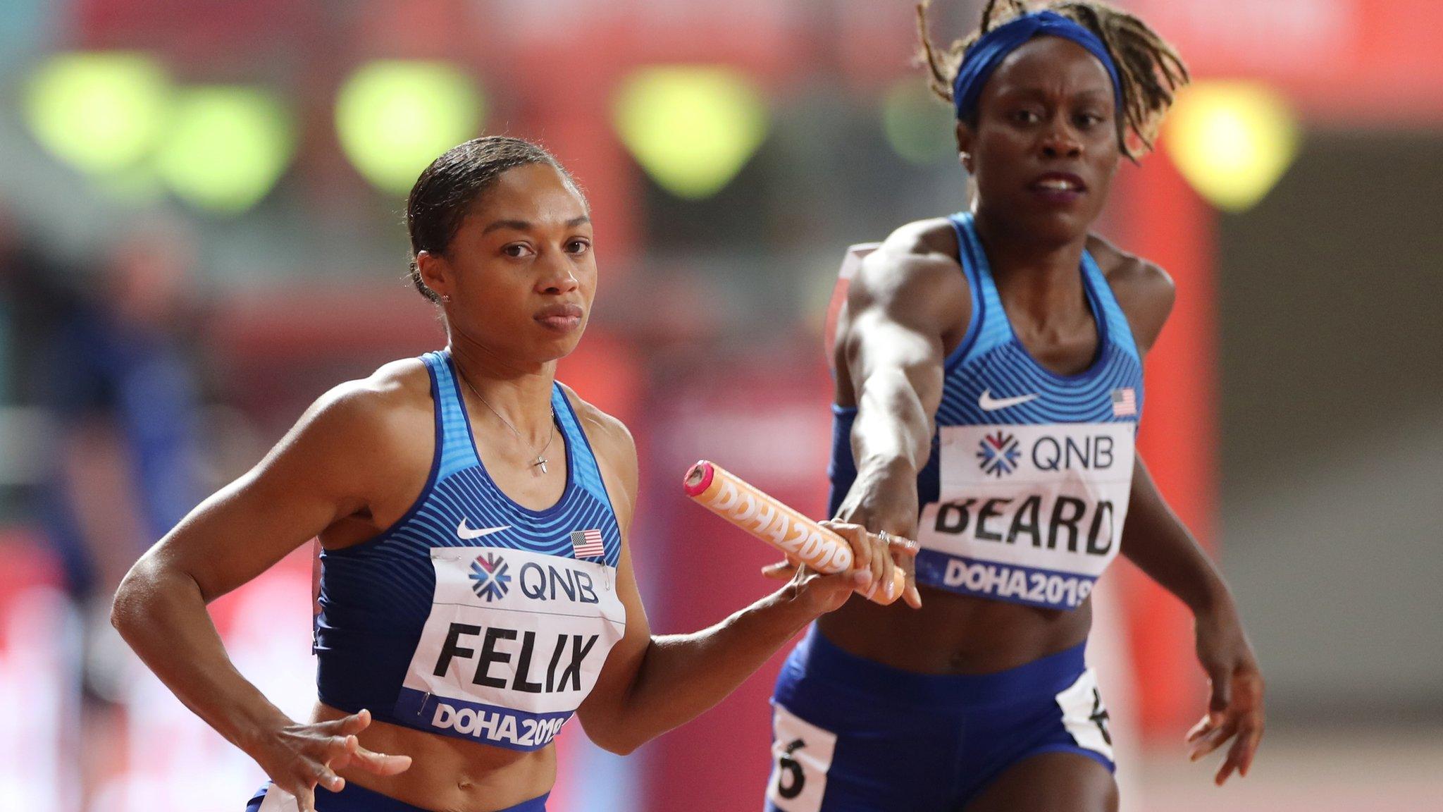 United States' Allyson Felix competes in the relay