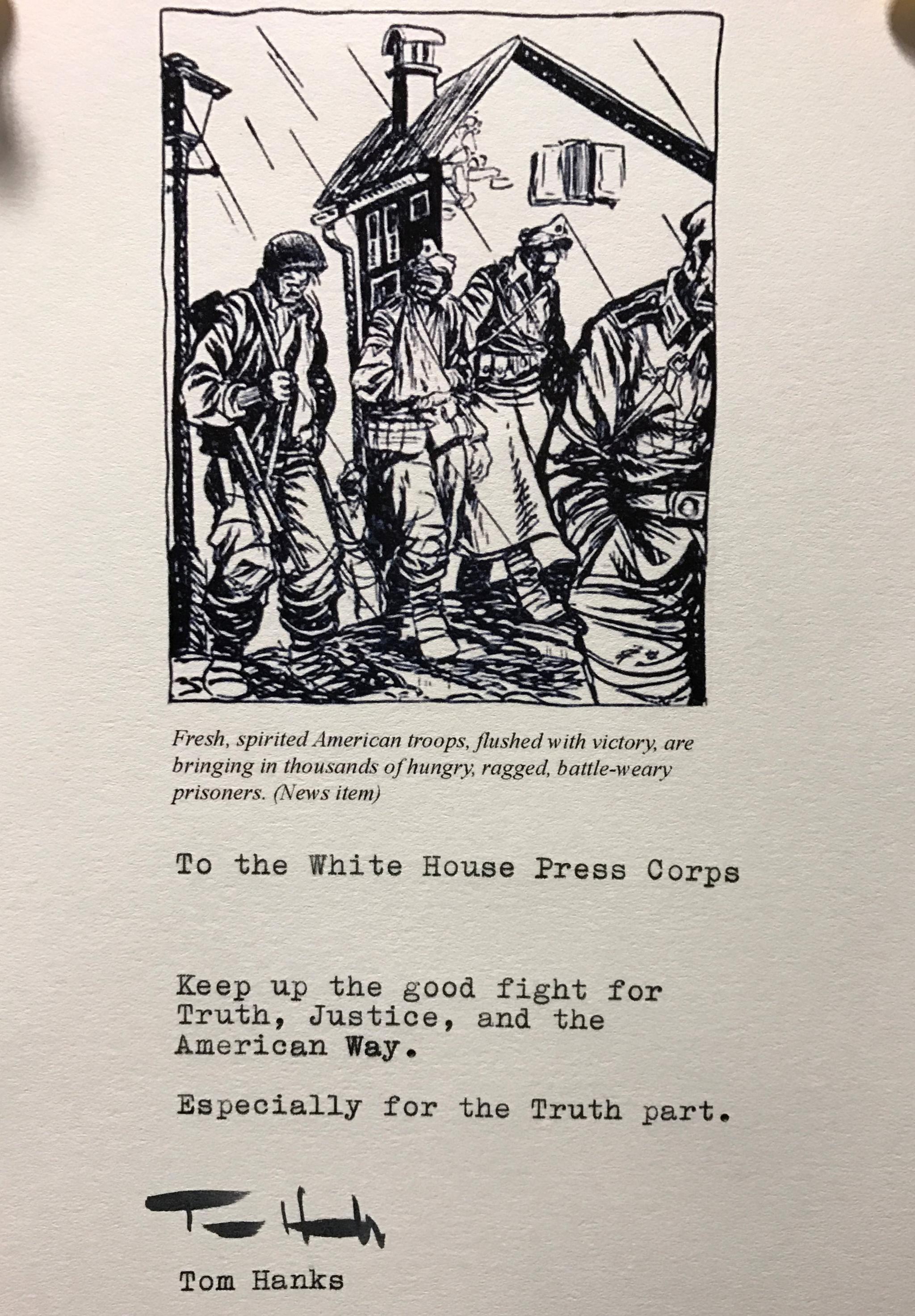 A close-up view of a letter from actor Tom Hanks that accompanied the brand new coffee machine he sent to be used by members of the media in the press room of the White House in Washington, U.S., March 2, 2017