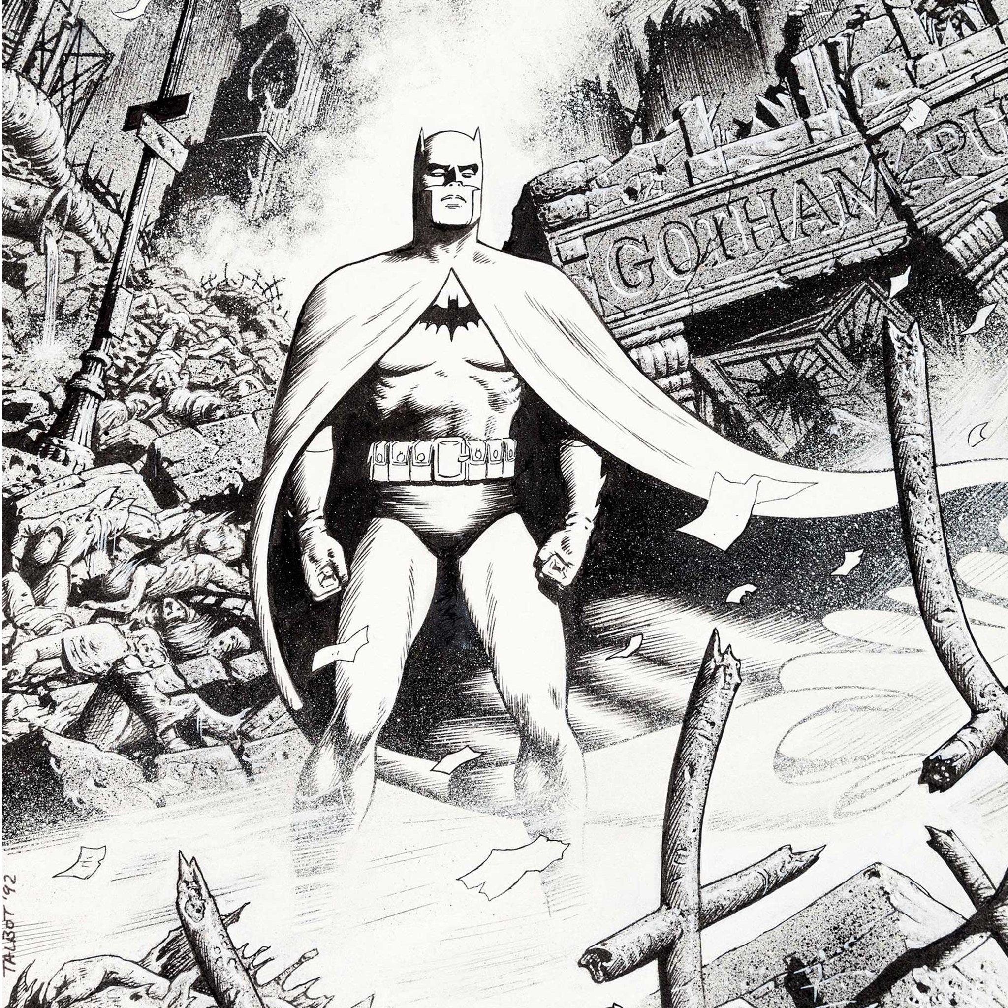 Black and white cartoon artwork showing Batman amid destruction