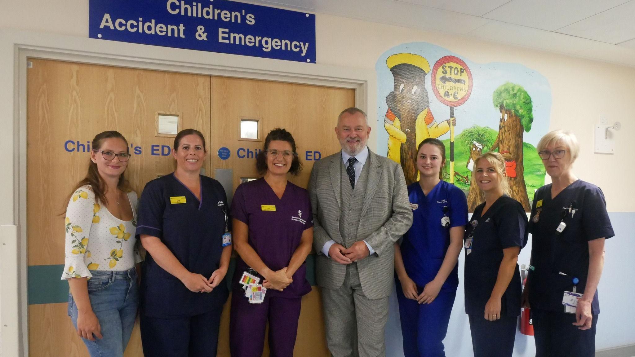 Hugh Bonneville and staff at St Richard’s Hospital in Chichester 