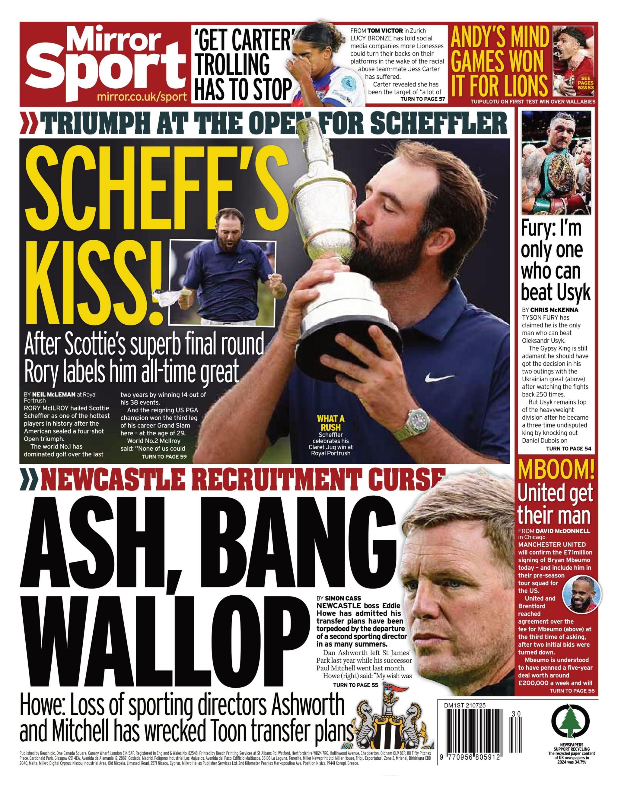 The back page of Monday's Daily Mirror