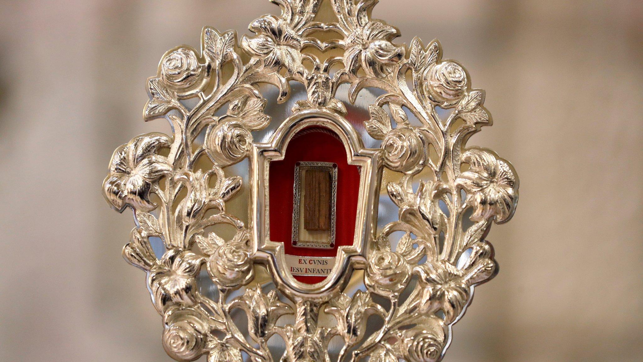 A fragment of a wooden relic, reputed to be from Jesus' manger, is displayed in Jerusalem ahead of its transfer to Bethlehem, on 29 November, 2019.