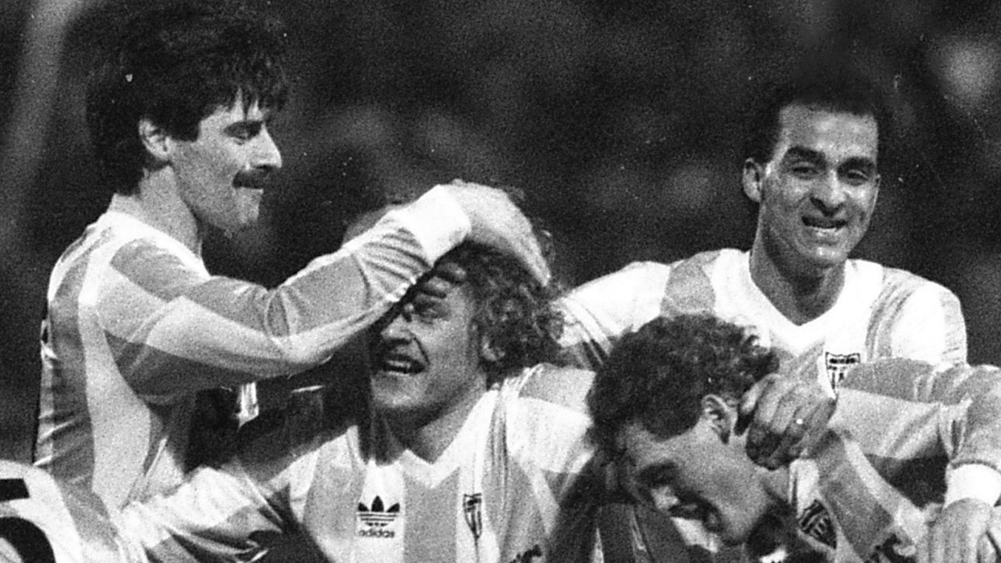 Felix Healy, Owen Da Gama and John Cunningham embrace Jonathan Speak after the striker scored for Derry City against Bohemians in March 1988