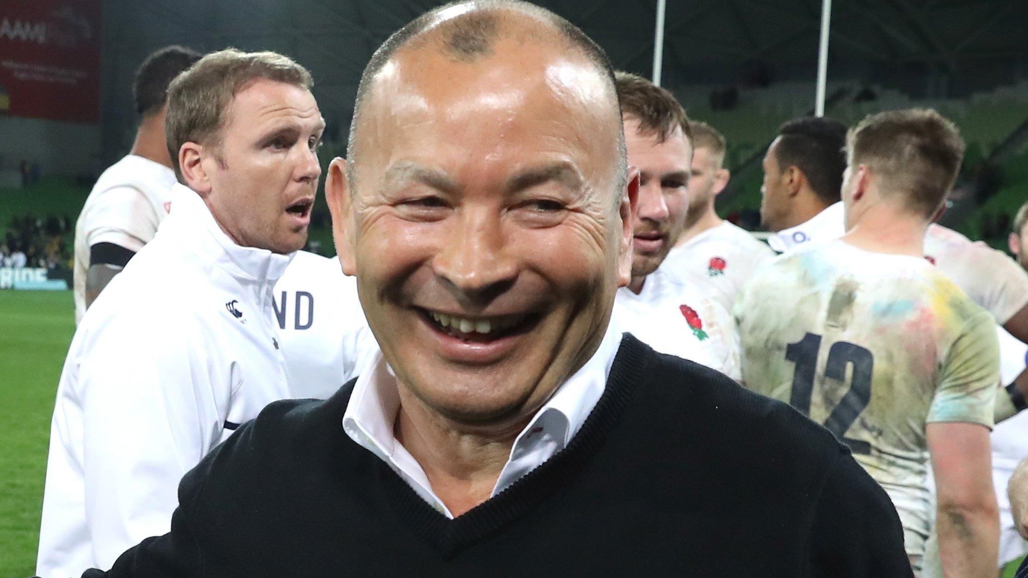 Eddie Jones celebrates with Chris Robshaw, Billy Vunipola and James Haskell