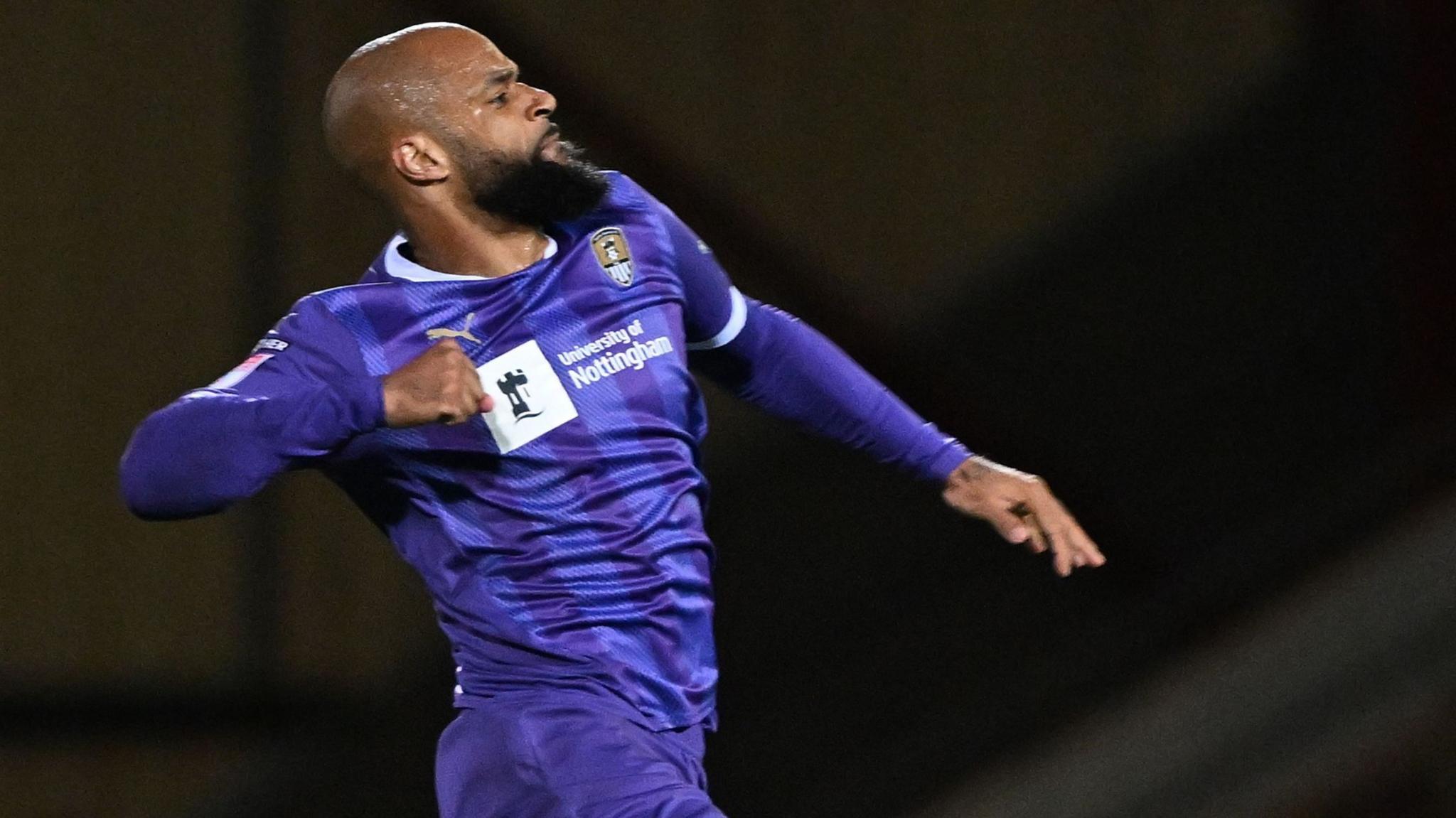 David McGoldrick celebrates scoring for Notts County against Bradford City