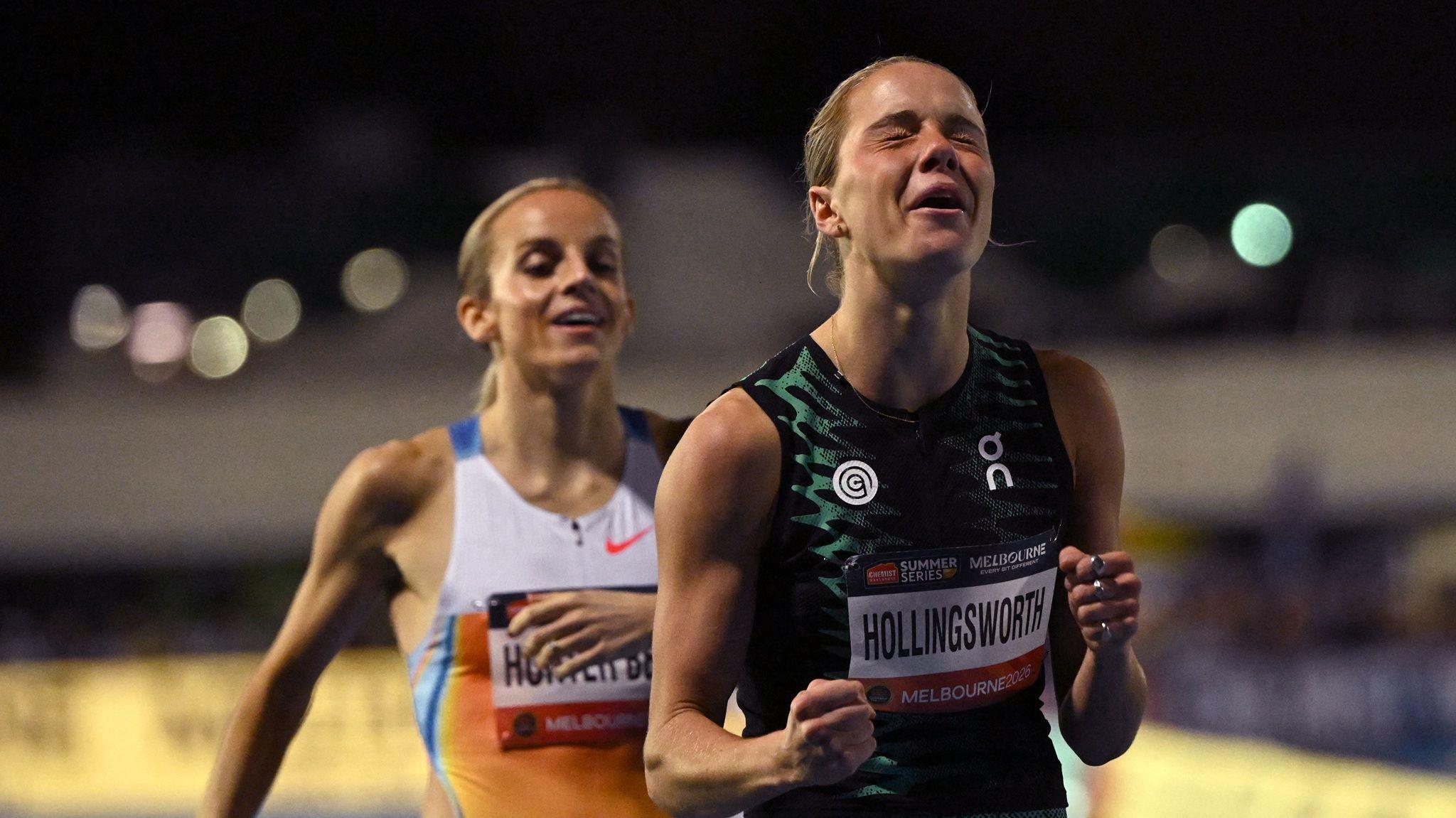 Claudia Hollingsworth beats Georgia Hunter Bell in the women's 1500m at the World Athletics Continental Tour Gold meeting in Melbourne on Saturday