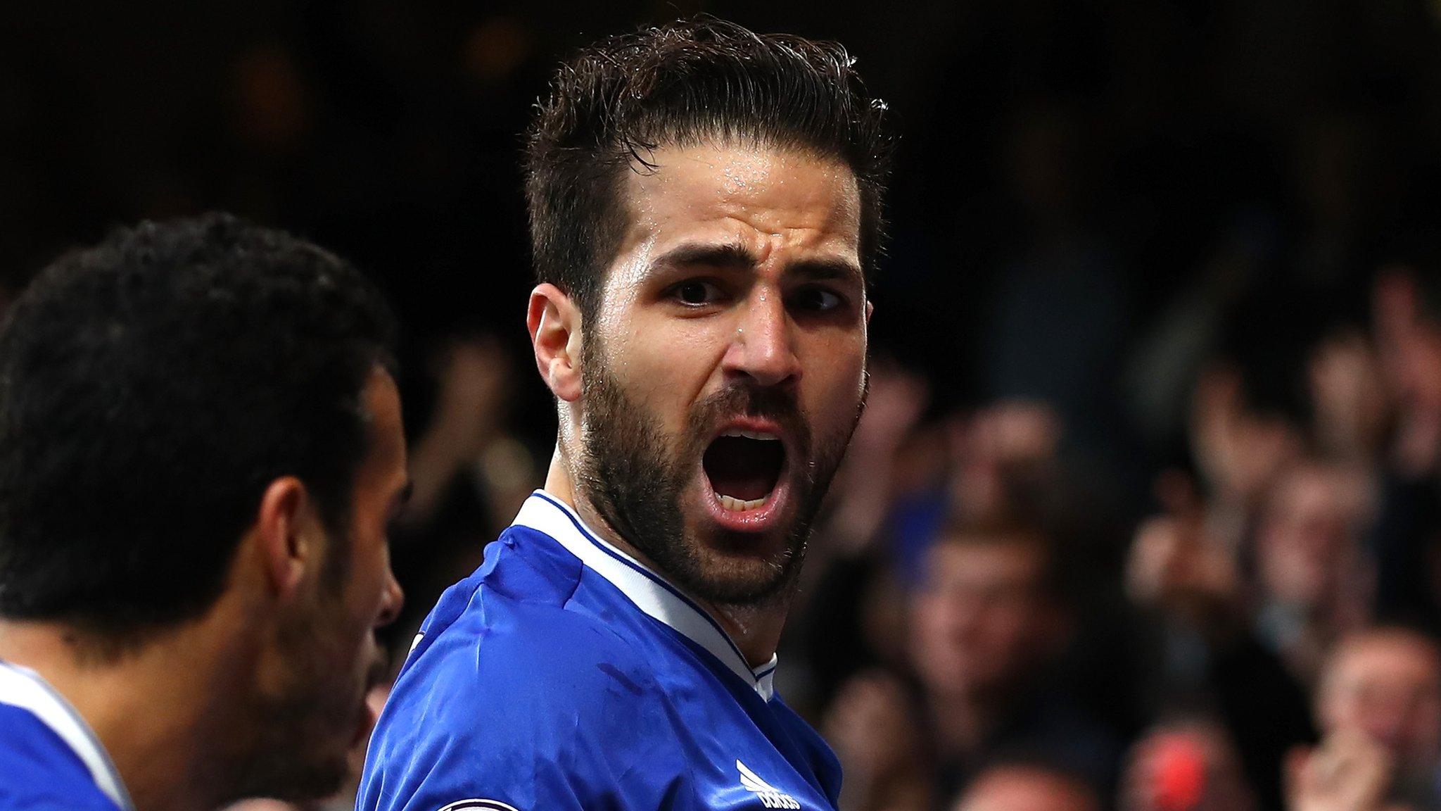 Cesc Fabregas celebrates scoring for Chelsea against Swansea