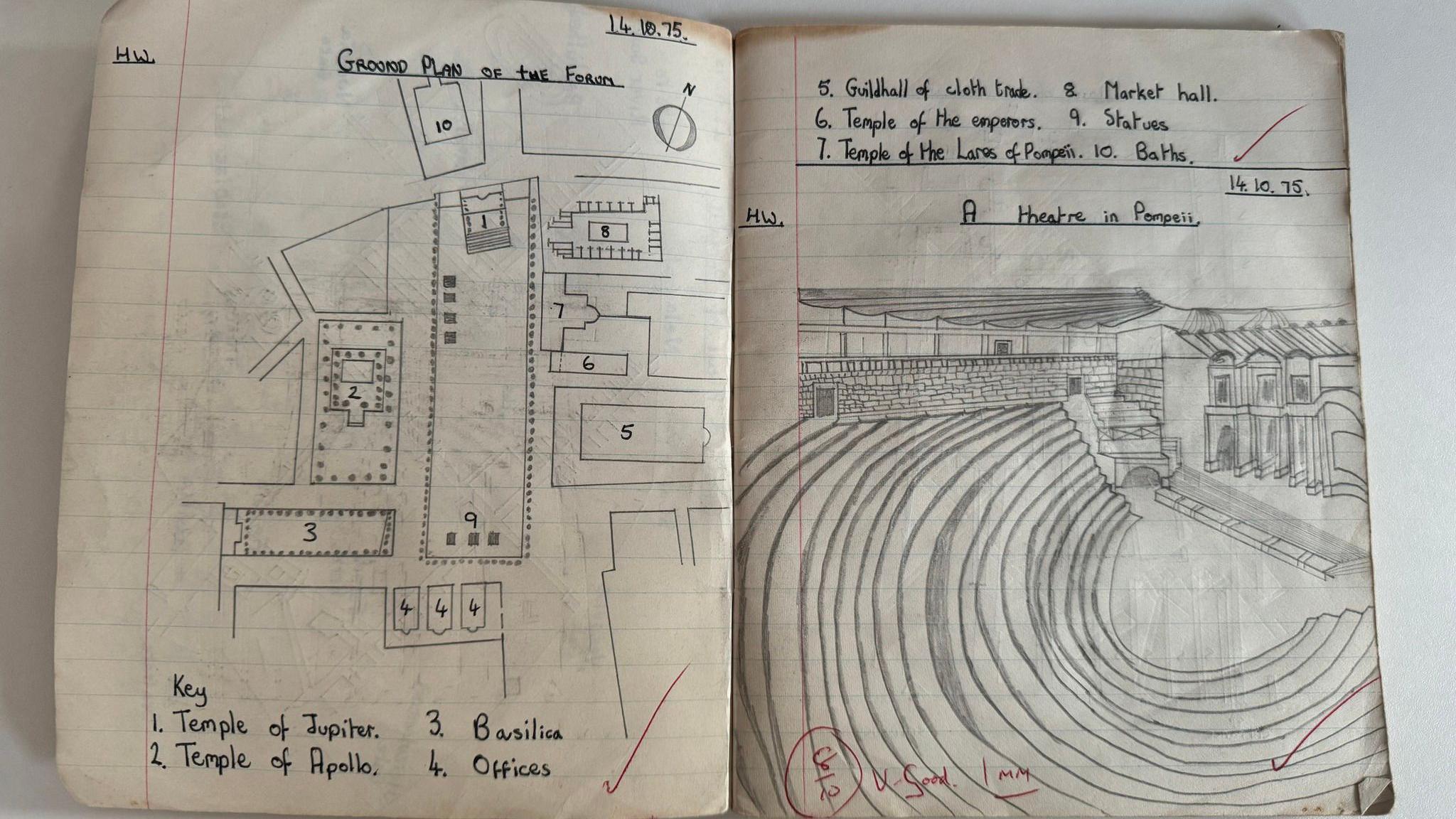 Two pages of the exercise book. The left shows a drawing labelled 'Ground plan of the forum' which has temples detailed. The right page has a drawing of an amphitheatre labelled 'A theatre in Pompei'. A teacher has marked this drawing in red pen '8/10 V. Good'.