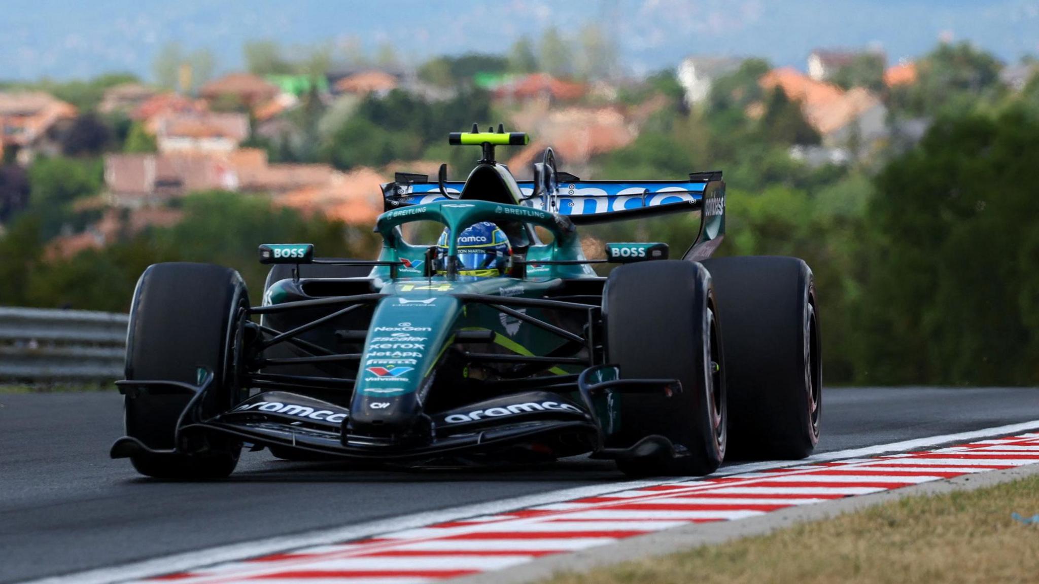 Fernando Alonso driving his upgraded Aston Martin during Hungarian Grand Prix first practice