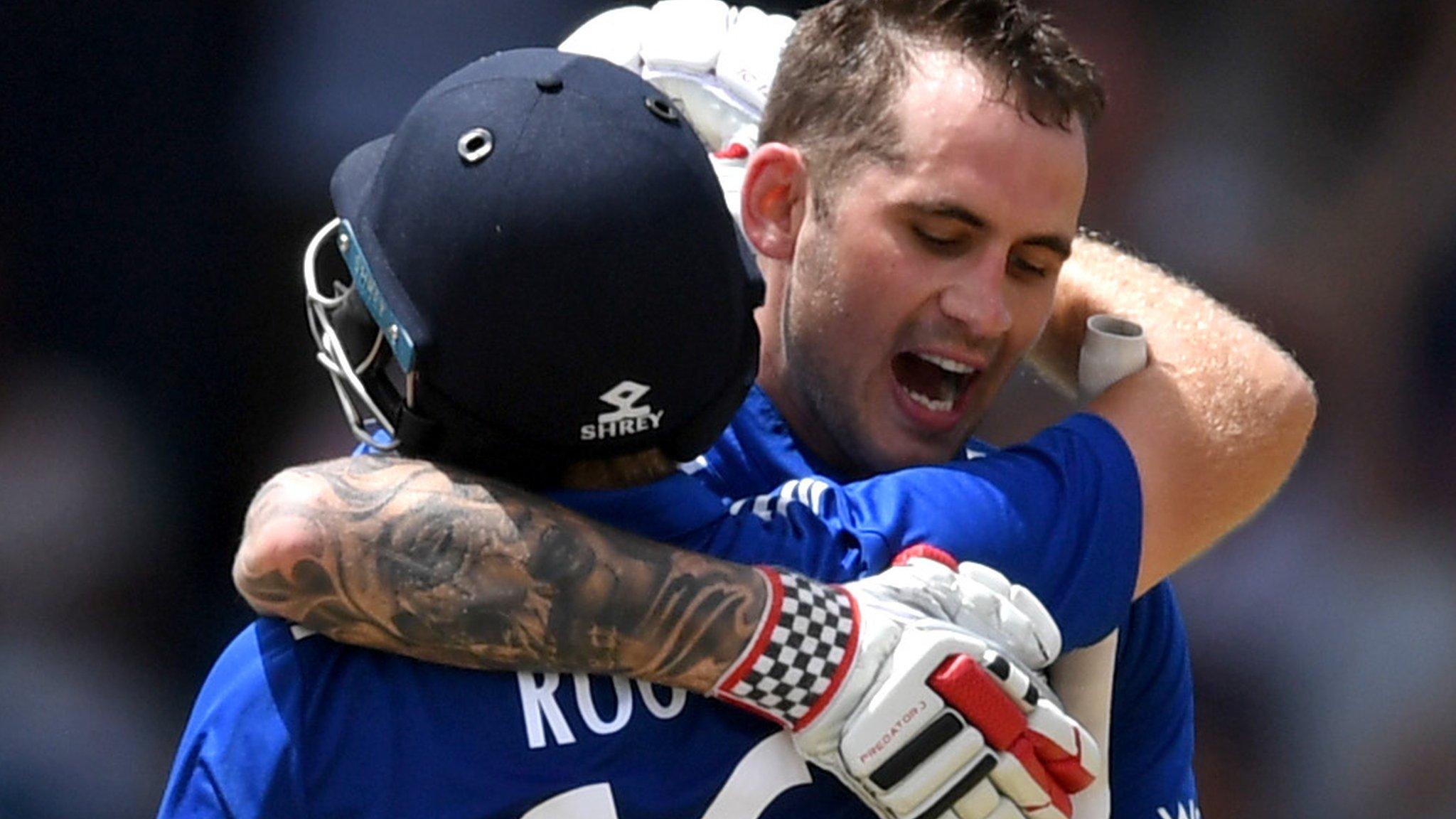 Alex Hales and Joe Root celebrate for England