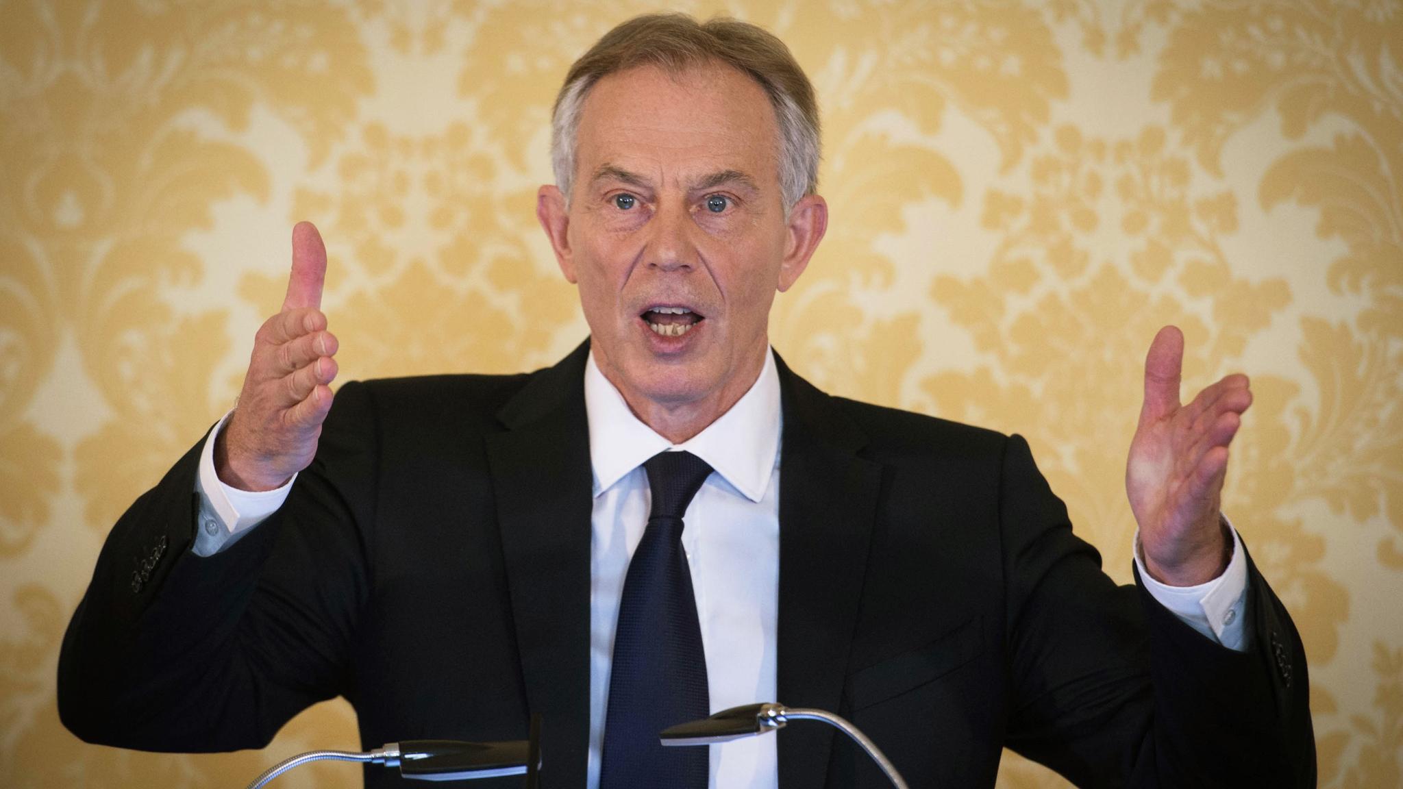 Tony Blair speaking at a press conference after the Chilcot report publication