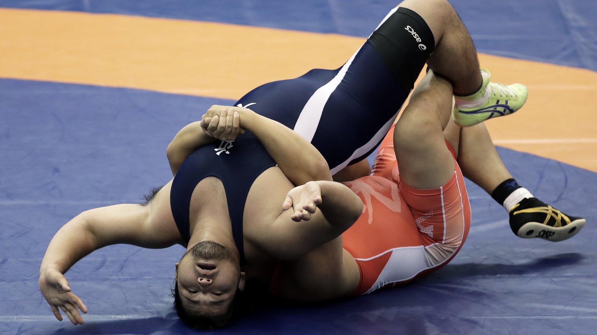 TOKYO, JAPAN - JUNE 15: Ayumu Fujimoto (R) competes against Shuhei Nagano in the Men's Freestyle 125kg first round match on day two of the All Japan Wrestling Invitational Championships at Komazawa Gymnasium on June 15, 2018 in Tokyo, Japan. (Photo by Kiyoshi Ota/Getty Images)