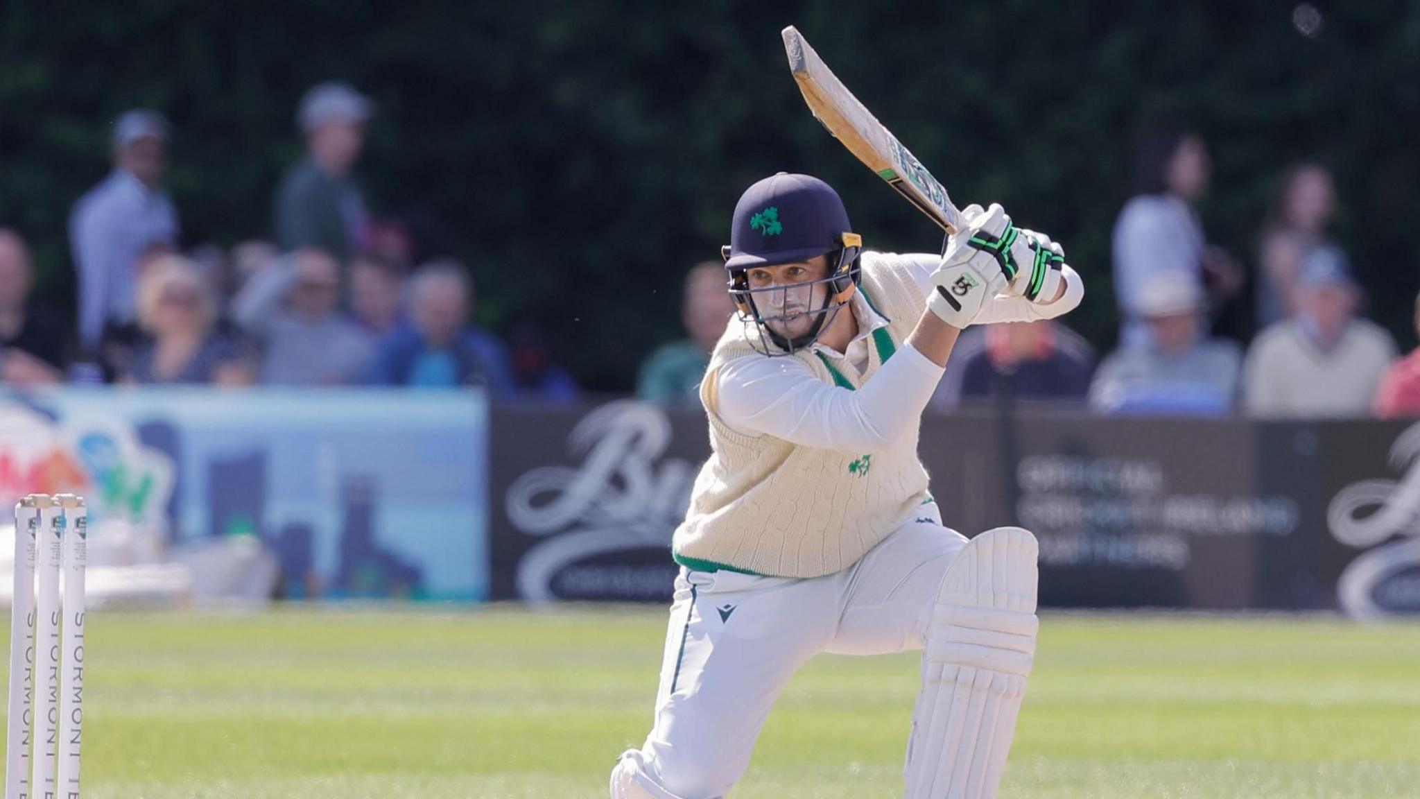 Ireland's Andrew Balbirnie plays a shot against Zimbabwe