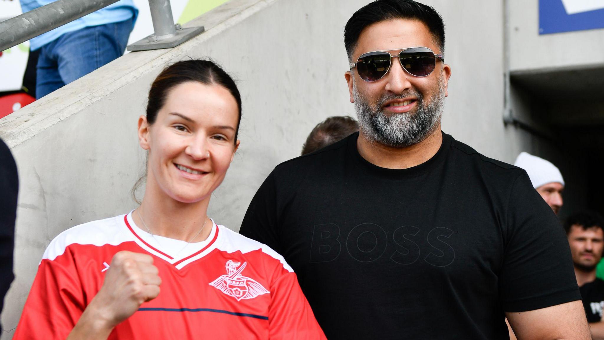 Izzy Asif and Terri Harper at a media day in Doncaster