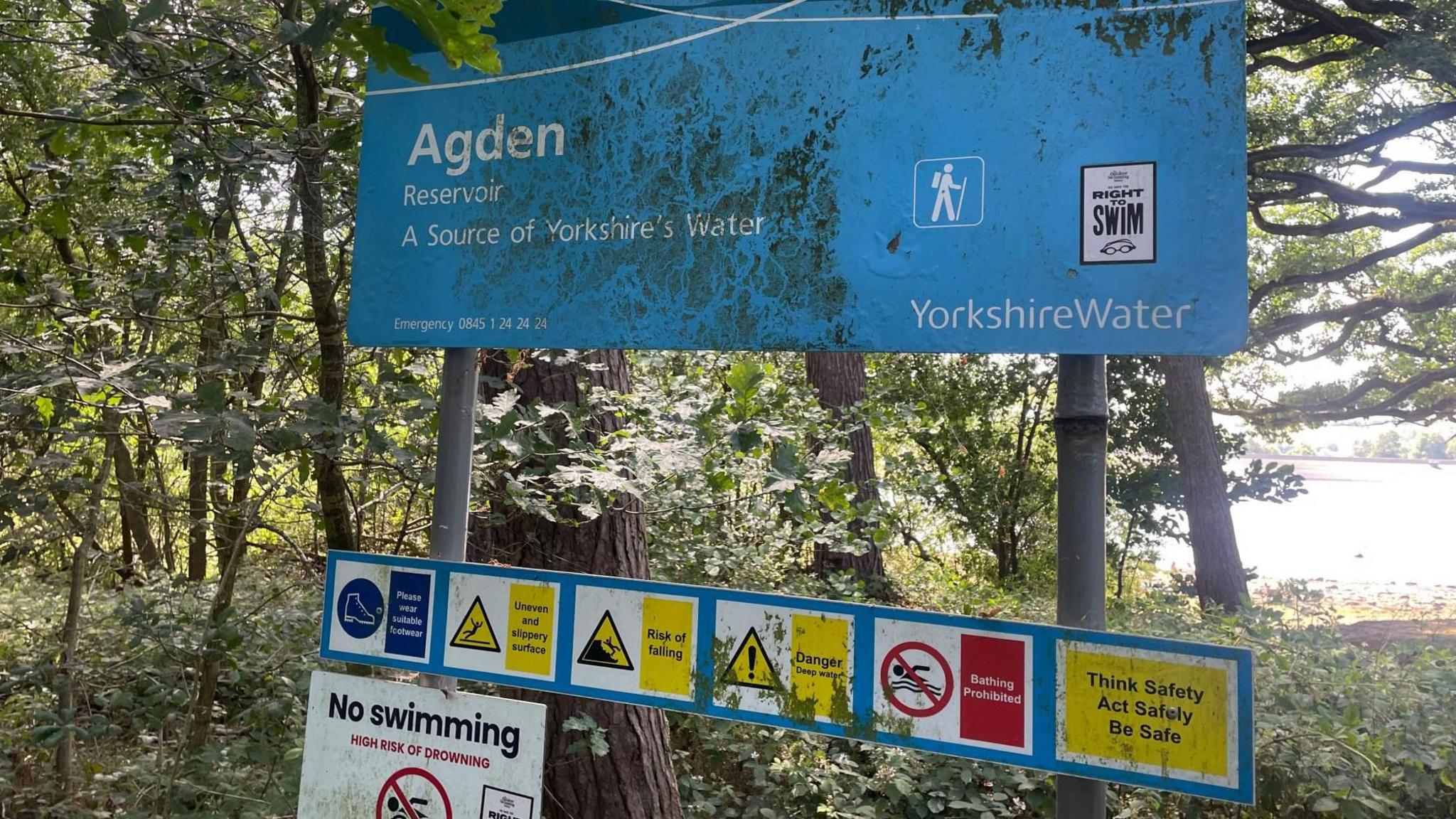A large dirty blue sign stands amongst the trees with the sunshine and water poking through in the distance