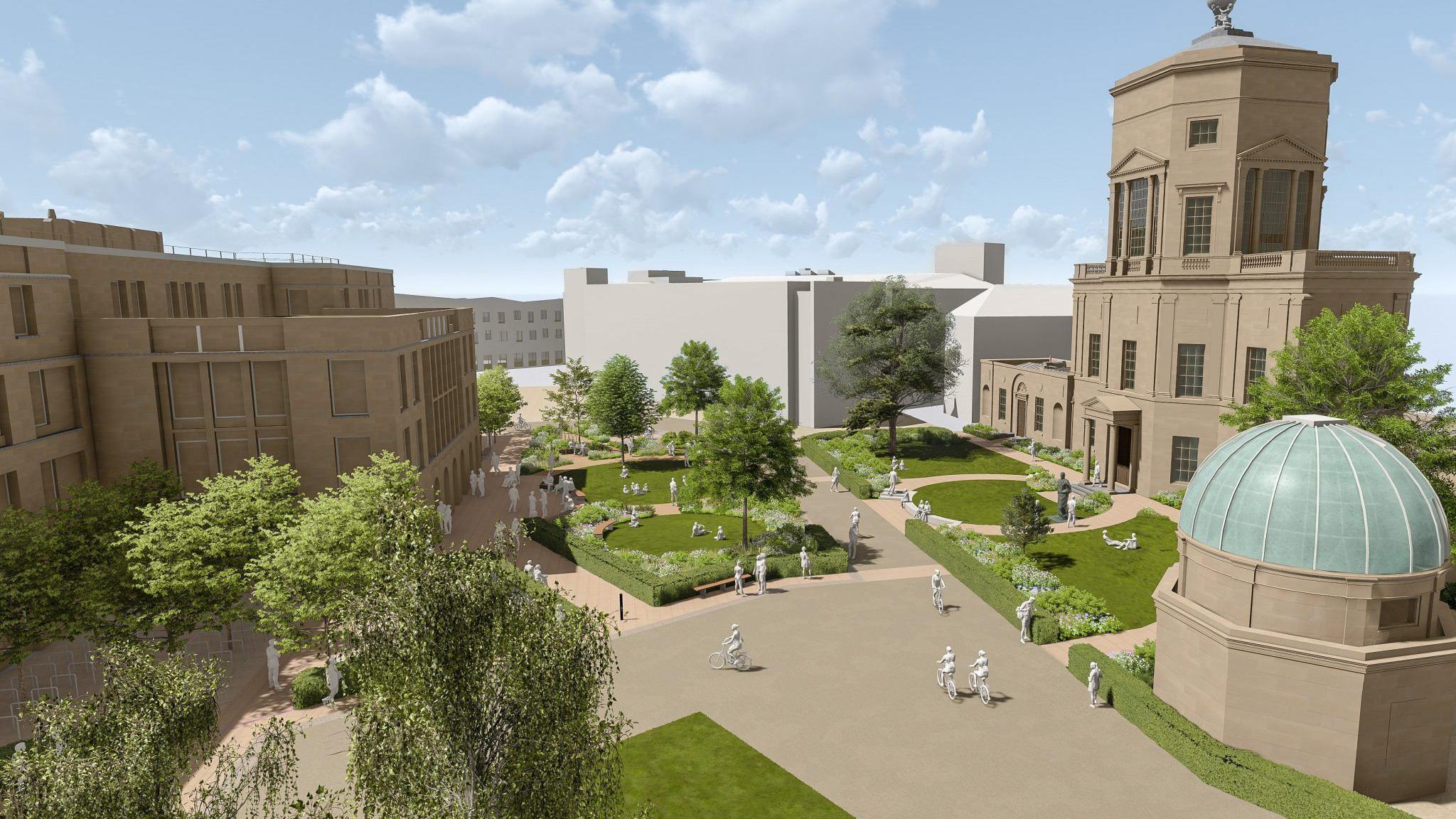 A CGI impression of what the landscaping outside of the Radcliffe Observatory will look like. It is green and modern.