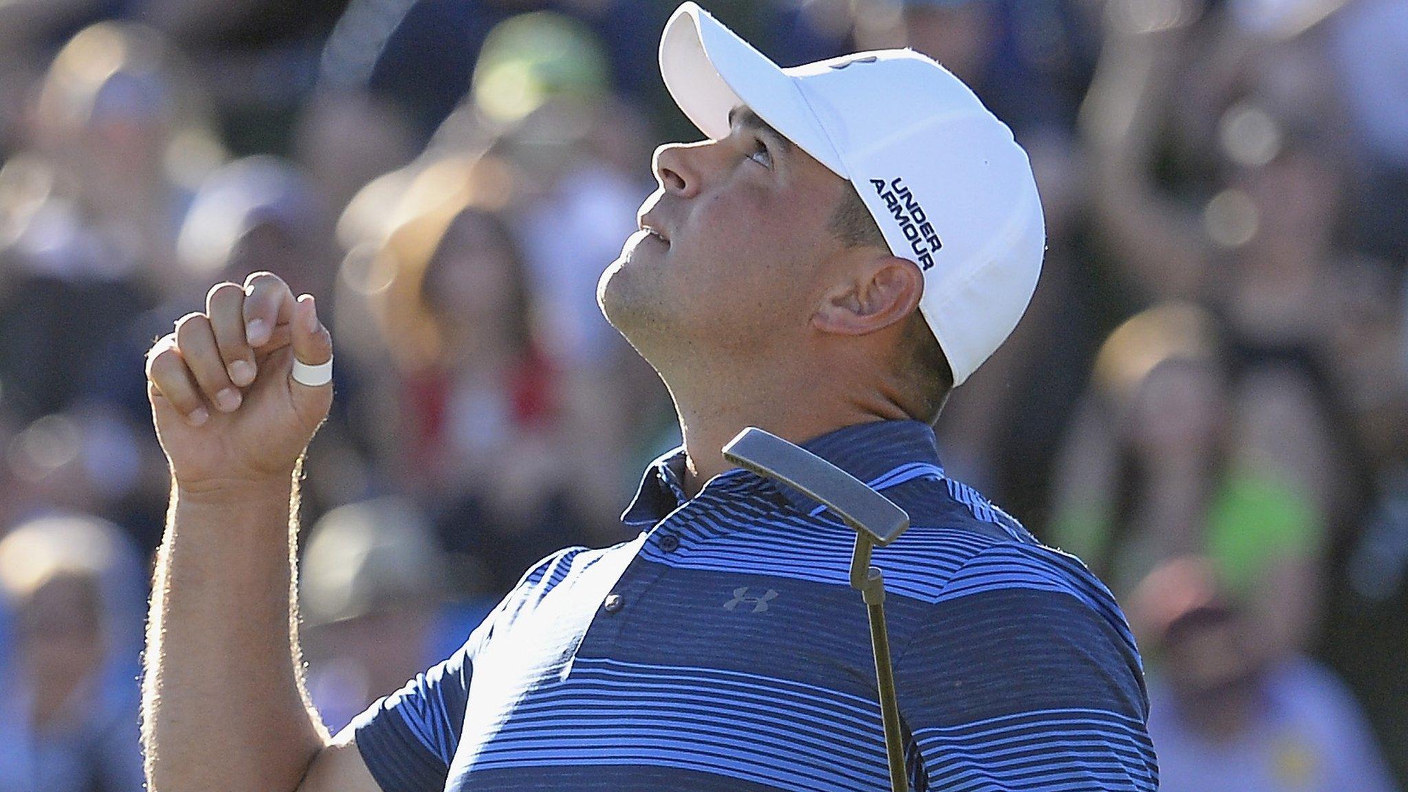 Gary Woodland celebrates the moment of victory at the Waste Management Phoenix Open