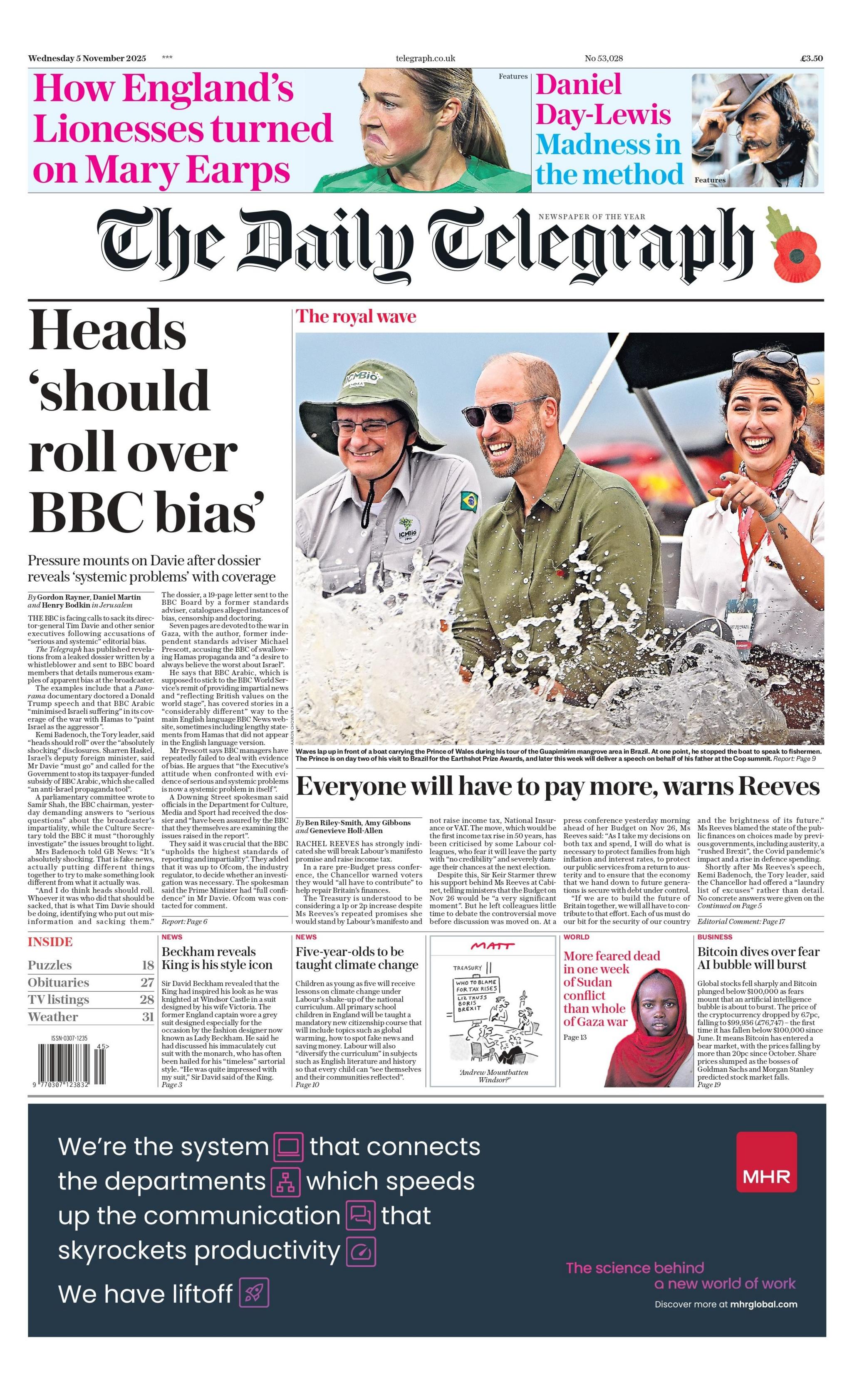 The headline on the front page of the Daily Telegraph reads: "Heads 'should roll over BBC bias'".